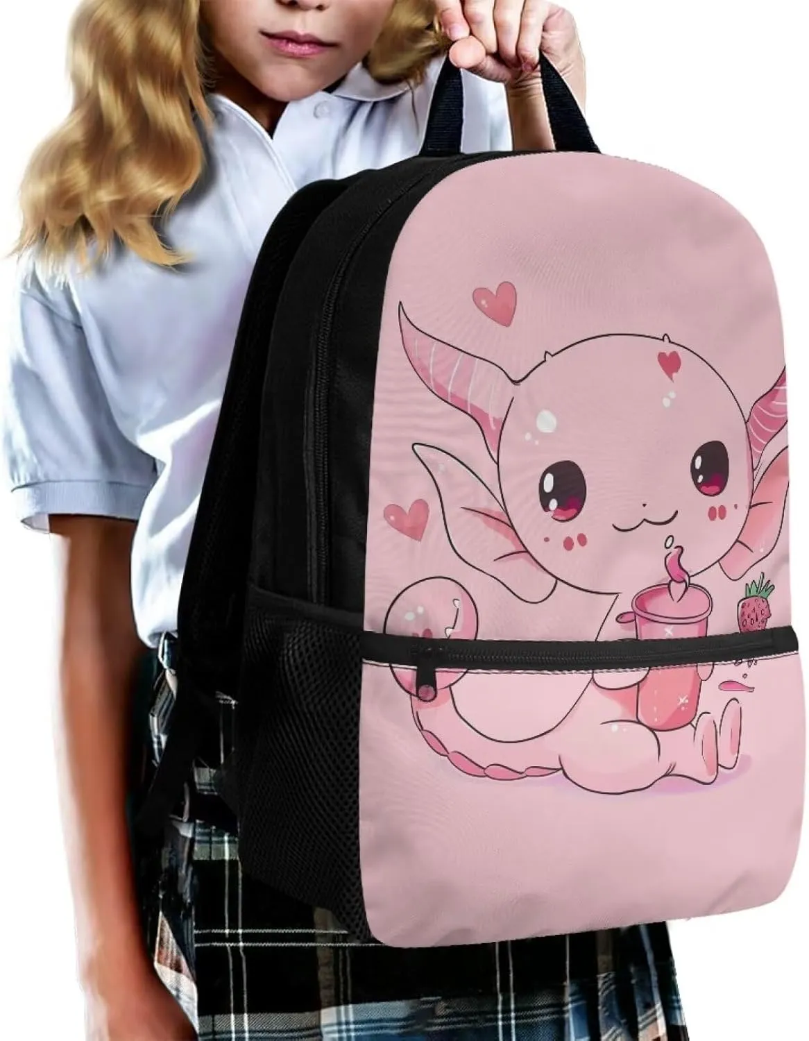 Axolotl School Bag for Girls 10 11 12 Pink Backpack for Kids 5-7 Elementary Middle School Bookbags 5Th Grade/4Th Grade Children Book Bag with Adjustable Straps
