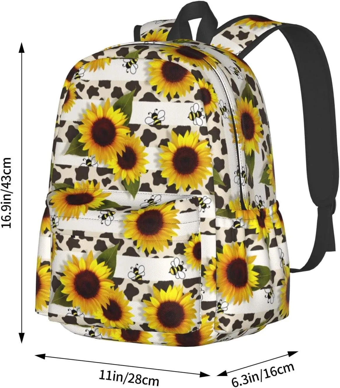 Backpack 17 Inch Cow Print Sunflower Bee Casual Daypack Lightweight Women's Laptop Backpack Campus Travel Bag for Women Man Hiking