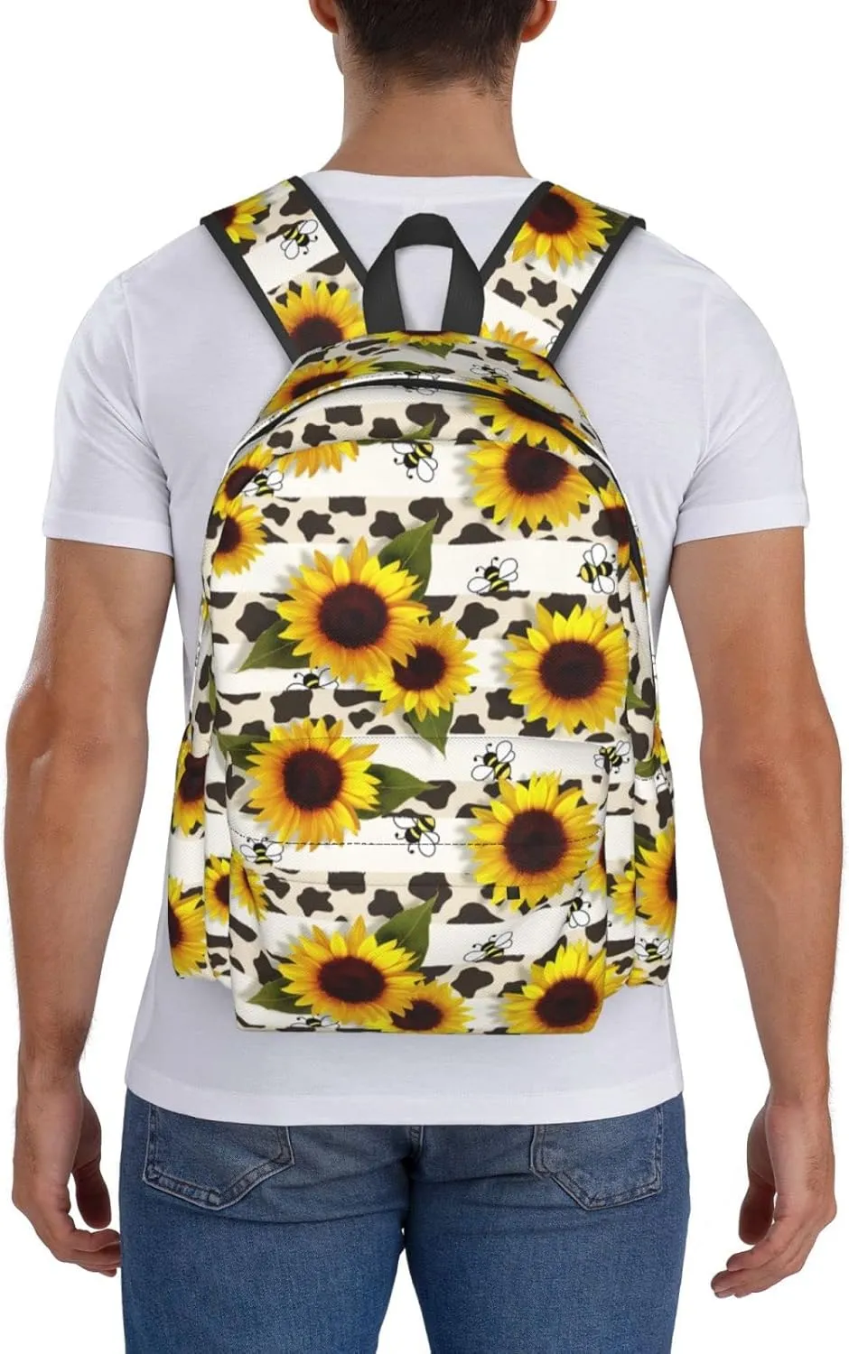 Backpack 17 Inch Cow Print Sunflower Bee Casual Daypack Lightweight Women's Laptop Backpack Campus Travel Bag for Women Man Hiking