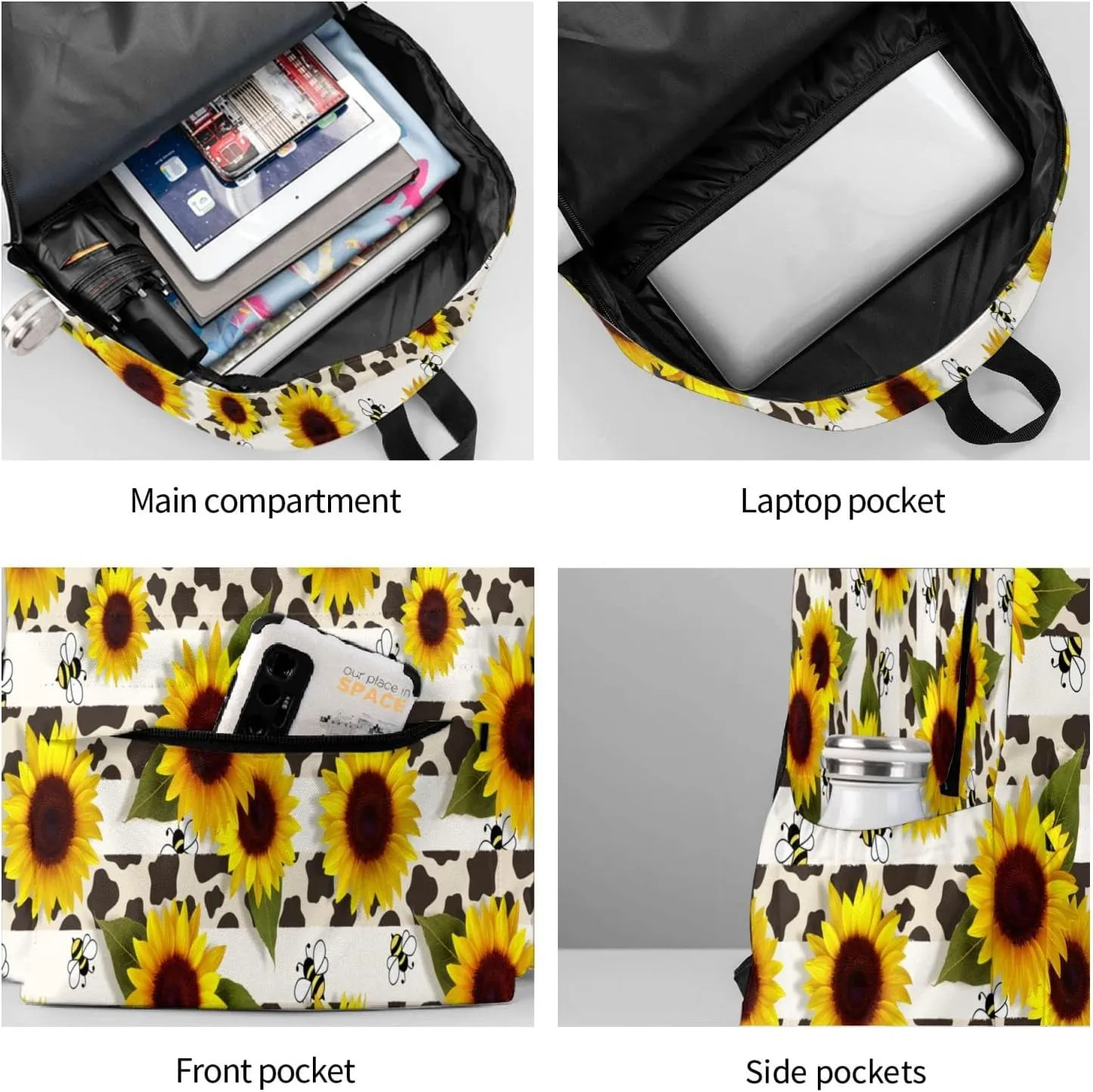 Backpack 17 Inch Cow Print Sunflower Bee Casual Daypack Lightweight Women's Laptop Backpack Campus Travel Bag for Women Man Hiking