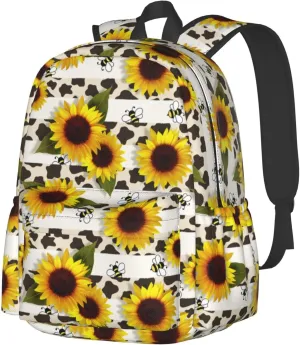Backpack 17 Inch Cow Print Sunflower Bee Casual Daypack Lightweight Women's Laptop Backpack Campus Travel Bag for Women Man Hiking