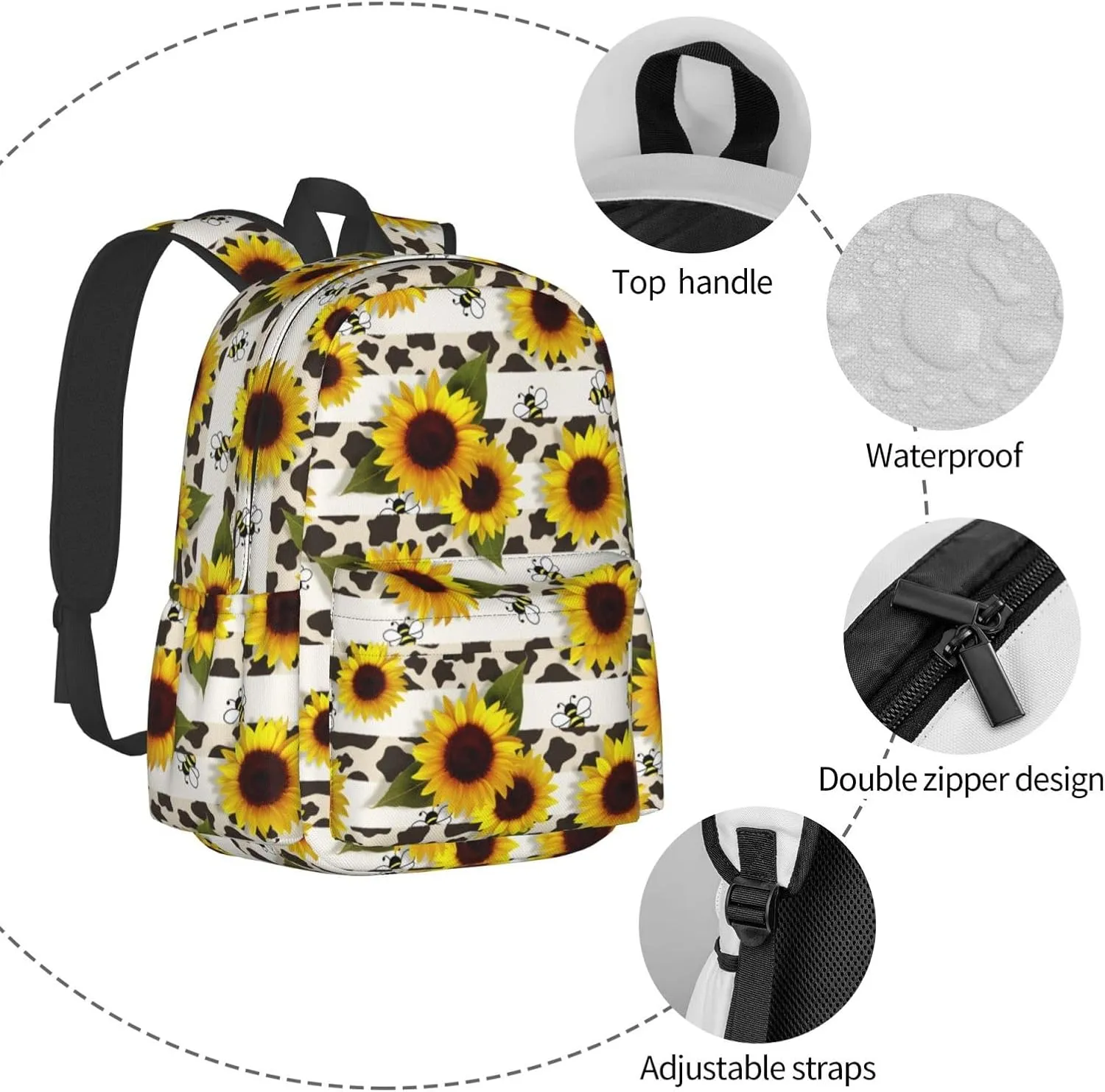 Backpack 17 Inch Cow Print Sunflower Bee Casual Daypack Lightweight Women's Laptop Backpack Campus Travel Bag for Women Man Hiking