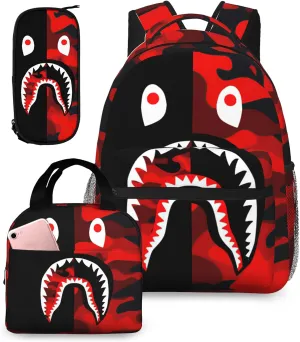 Backpack Shark Teeth Camo Backpacks Set with Lunch Box Pencil Case Travel Laptop Daypack Big Capacity Bookbag Fashion Durable Back Pack StyleSH