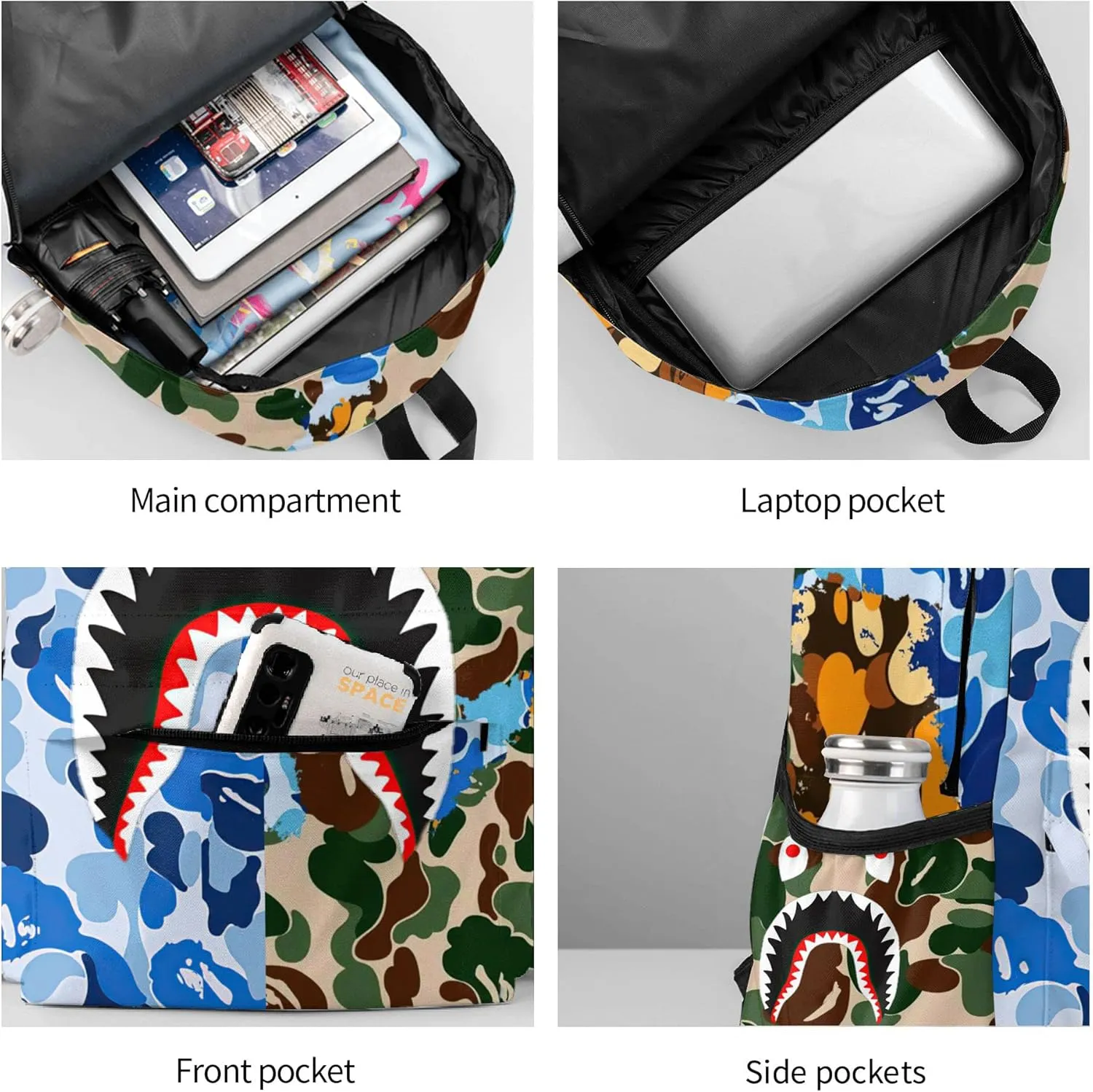 Backpack Shark Teeth Camo Backpacks Travel Laptop Daypack Big Capacity Bookbag Fashion Durable for Men and Women