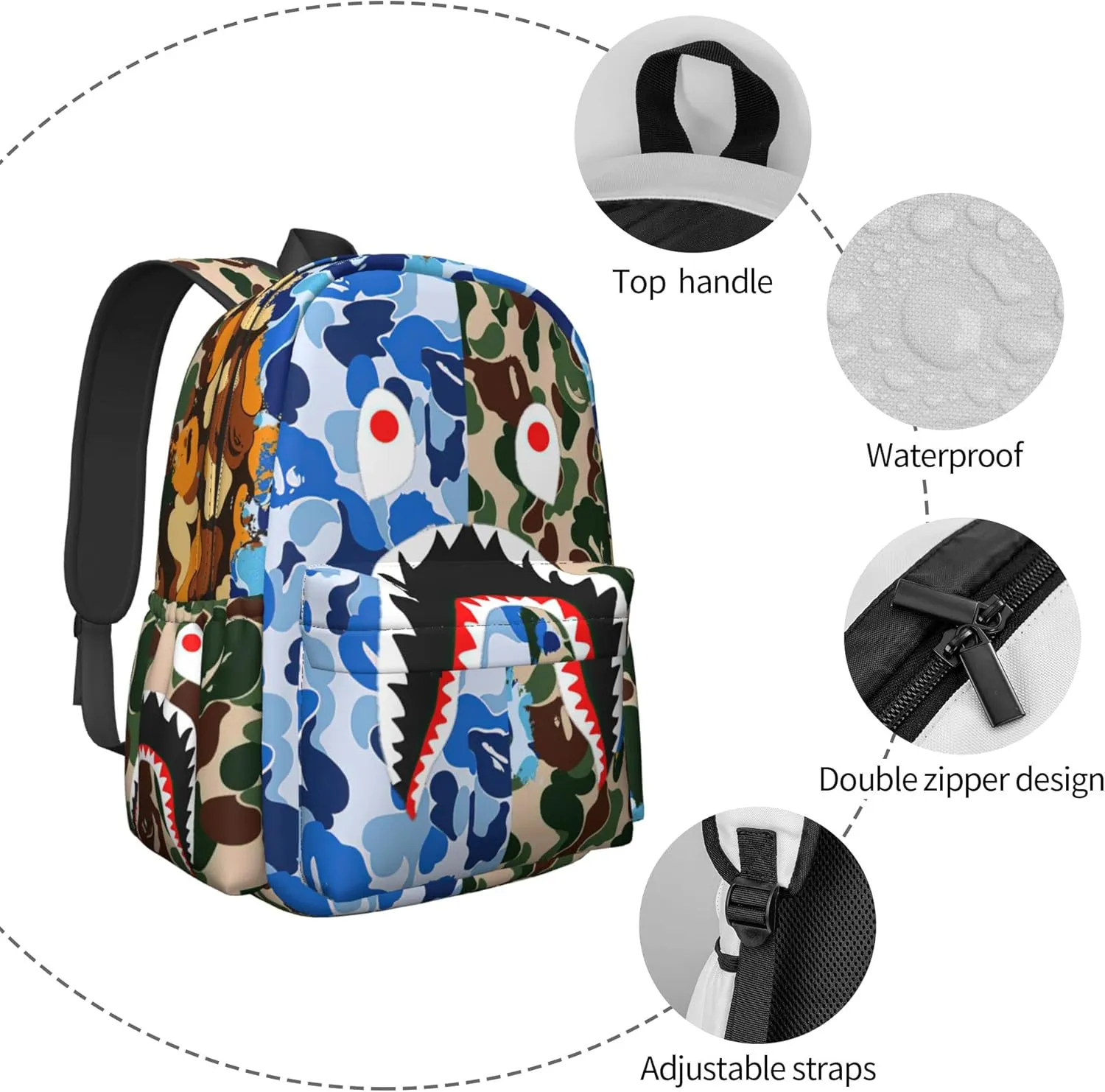 Backpack Shark Teeth Camo Backpacks Travel Laptop Daypack Big Capacity Bookbag Fashion Durable for Men and Women