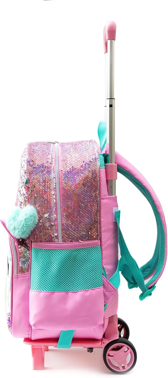 Backpack with Wheels for Girls Cute Rolling Pink Cat School Backpack Kids Sequin Roller Luggage Suitcase for Elementary Kindergarten Students with Lunch Box Pencil Case for Girls 5-12 Years Old