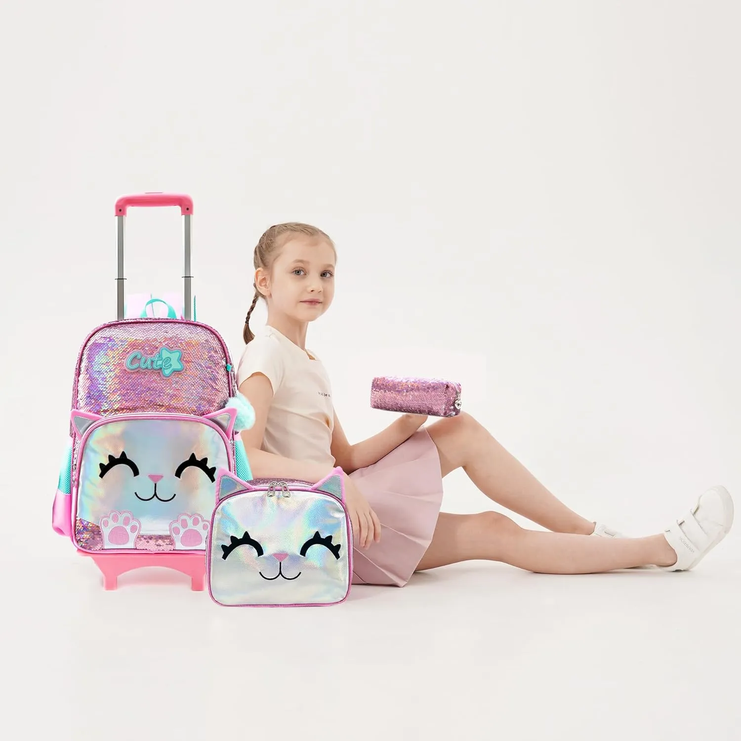 Backpack with Wheels for Girls Cute Rolling Pink Cat School Backpack Kids Sequin Roller Luggage Suitcase for Elementary Kindergarten Students with Lunch Box Pencil Case for Girls 5-12 Years Old