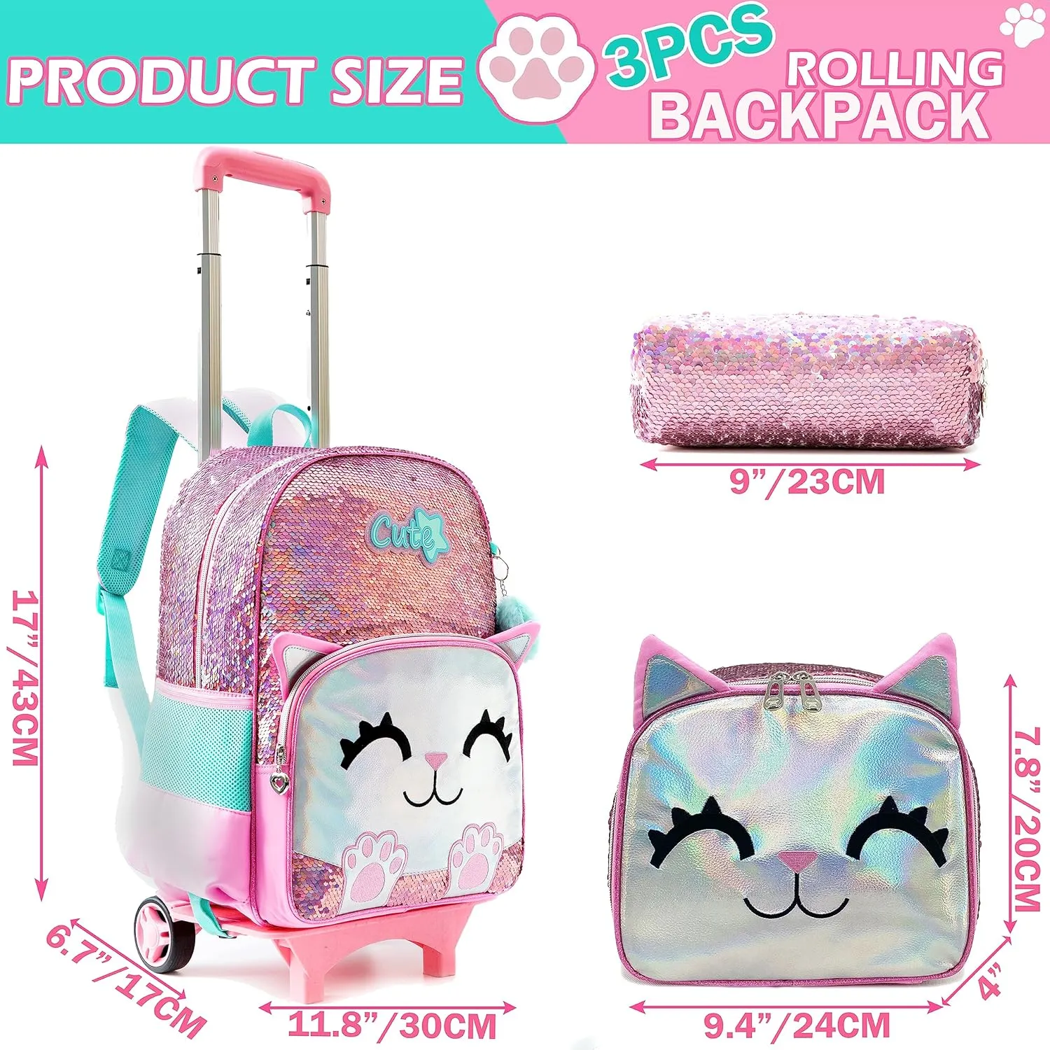 Backpack with Wheels for Girls Cute Rolling Pink Cat School Backpack Kids Sequin Roller Luggage Suitcase for Elementary Kindergarten Students with Lunch Box Pencil Case for Girls 5-12 Years Old