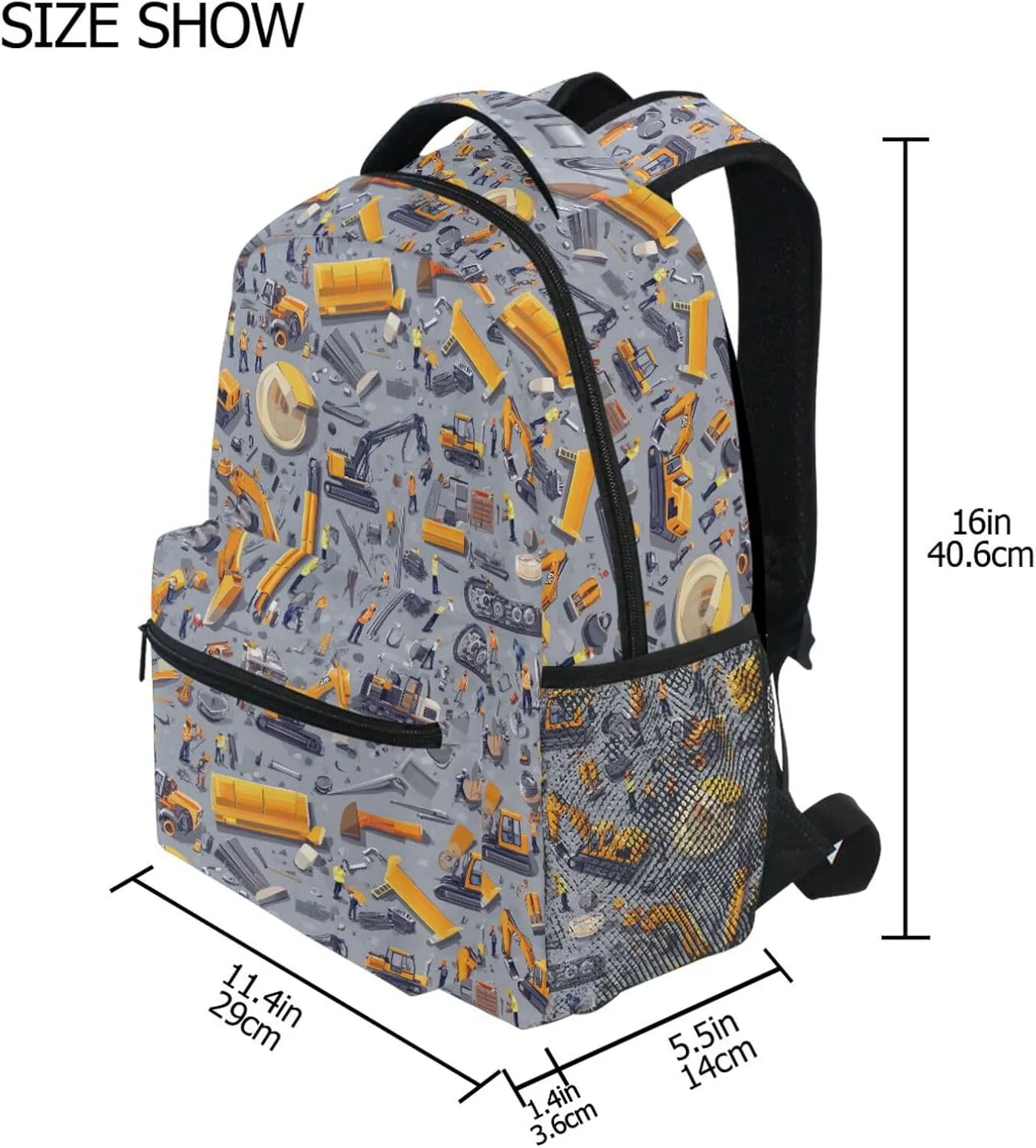 Backpacks for Teenager Waterproof College School Computer Bag with Chest Strap for College Work Construction Scene Concrete Mixer Truck Bulldozer