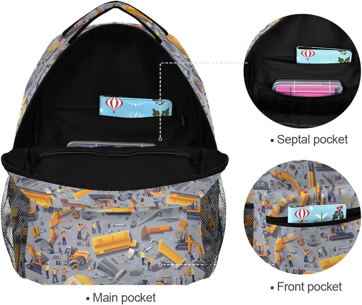 Backpacks for Teenager Waterproof College School Computer Bag with Chest Strap for College Work Construction Scene Concrete Mixer Truck Bulldozer