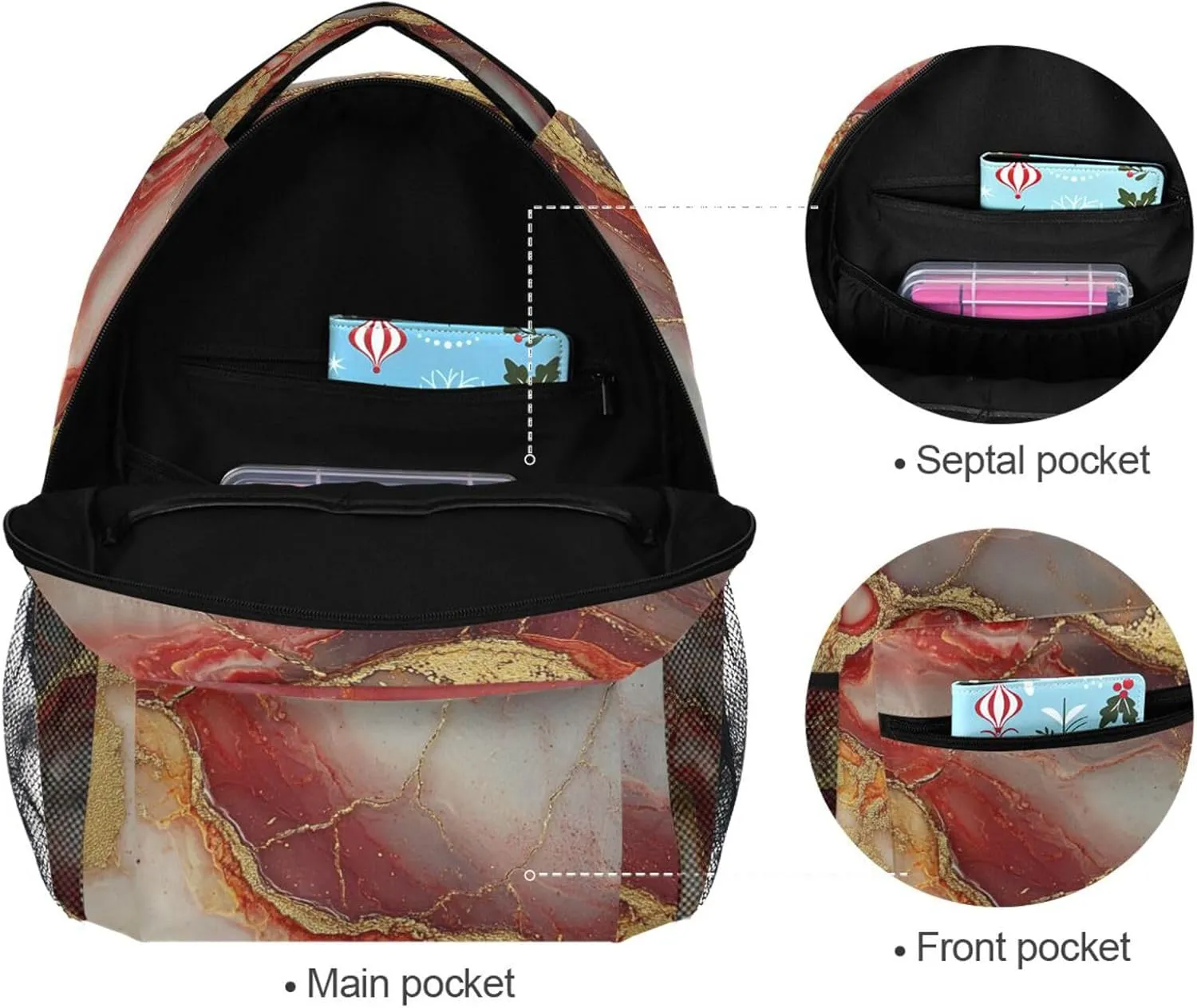 Backpacks for Teens Boys Girls Waterproof Stylish Travel Bags with Chest Strap for College Work Marble Red Neutral
