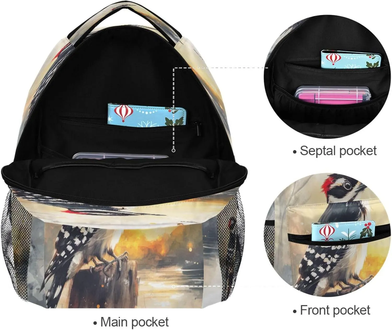Backpacks for Women Men Fashion Business Work Bag with Chest Strap Gift Men & Women Cartoon Downy Woodpecker Birds A River