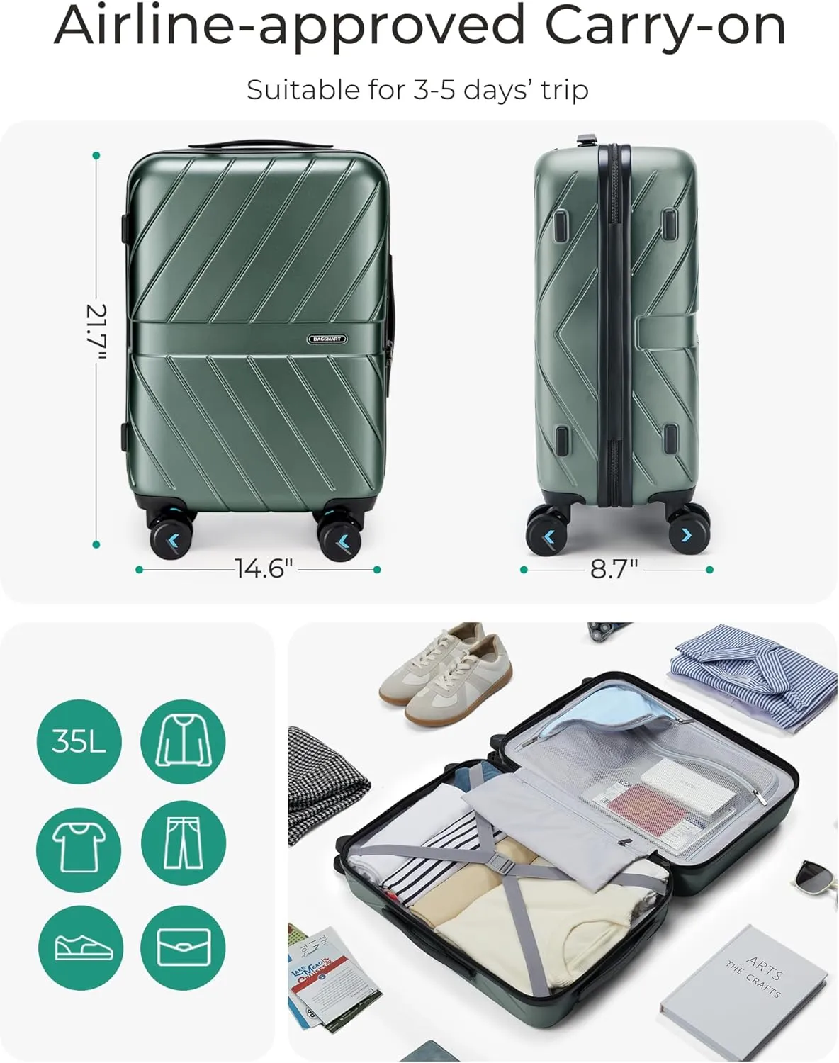 BAGSMART Carry On Luggage 22x14x9 Airline Approved With TSA Lock, 1OO% Polycarbonate Hardside Luggage with Spinner Wheels,Durable Hard Shell Carry On Suitcase 20 inch Olive-green