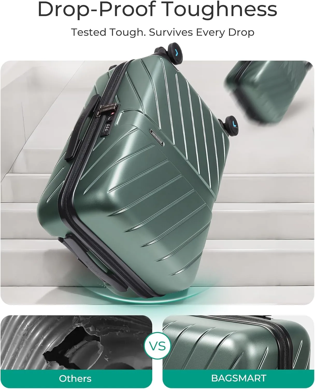 BAGSMART Carry On Luggage 22x14x9 Airline Approved With TSA Lock, 1OO% Polycarbonate Hardside Luggage with Spinner Wheels,Durable Hard Shell Carry On Suitcase 20 inch Olive-green