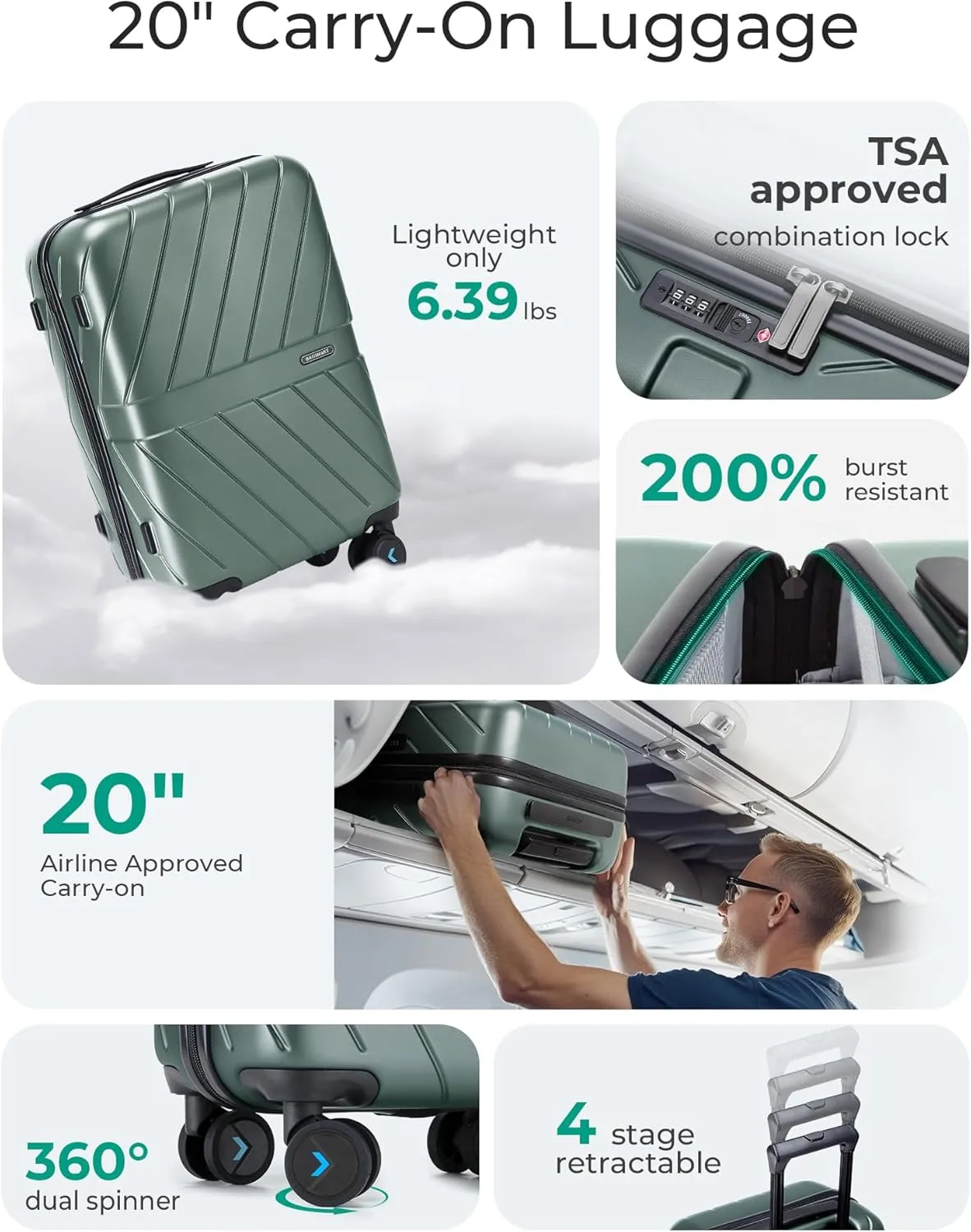 BAGSMART Carry On Luggage 22x14x9 Airline Approved With TSA Lock, 1OO% Polycarbonate Hardside Luggage with Spinner Wheels,Durable Hard Shell Carry On Suitcase 20 inch Olive-green