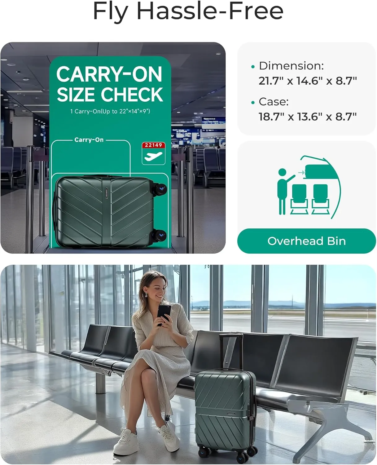 BAGSMART Carry On Luggage 22x14x9 Airline Approved With TSA Lock, 1OO% Polycarbonate Hardside Luggage with Spinner Wheels,Durable Hard Shell Carry On Suitcase 20 inch Olive-green