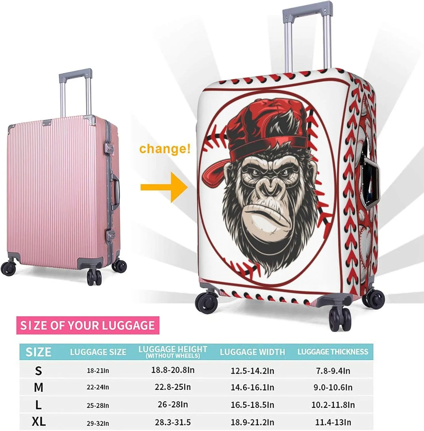 Baseball Gorilla Luggage Covers Travel Suitcase Cover Protector Fit 18-32 Inch Luggage