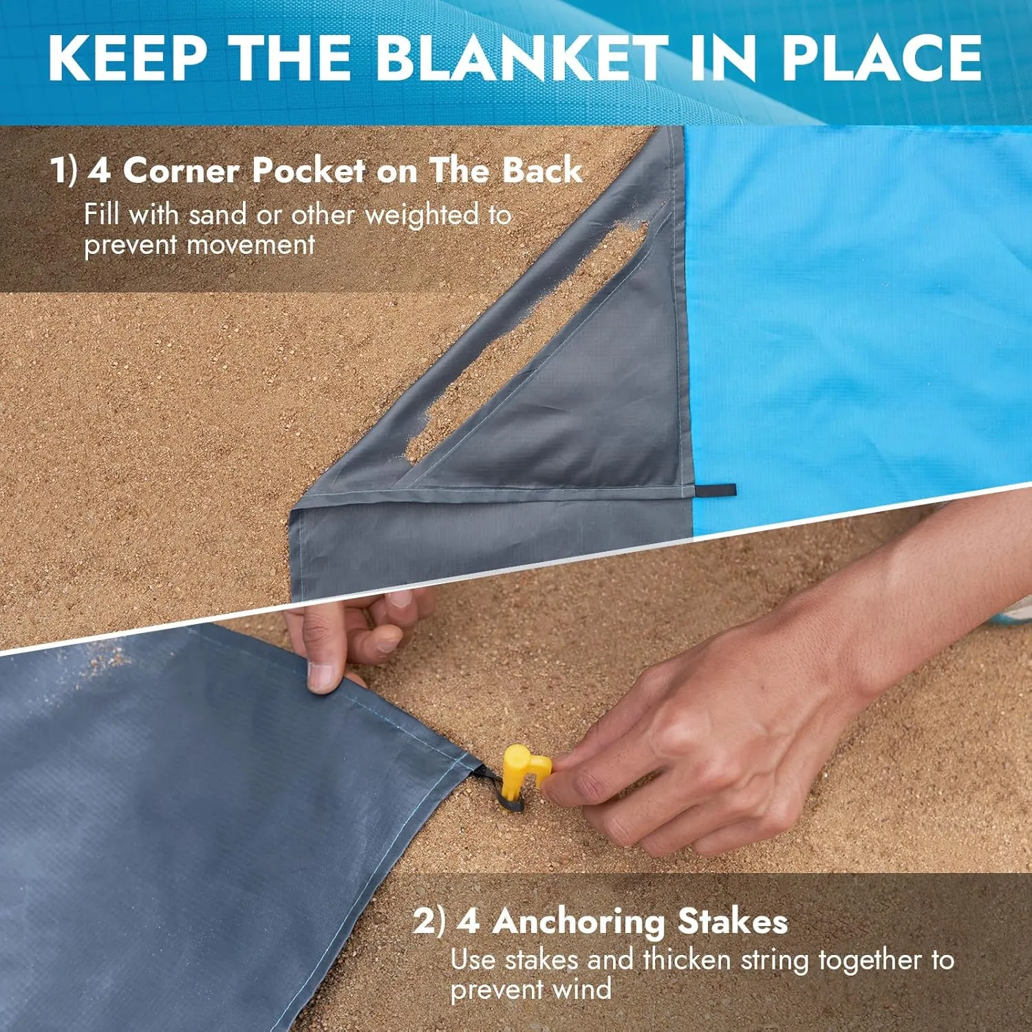 Beach Blanket Waterproof Sandproof: Beach Mat Sand Free Waterproof Large Sand Picnic Blanket with 4 Stakes & 4 Corner Pocket Blanket Beach Essentials for Travel Camping, 118″×110″ Blue XL