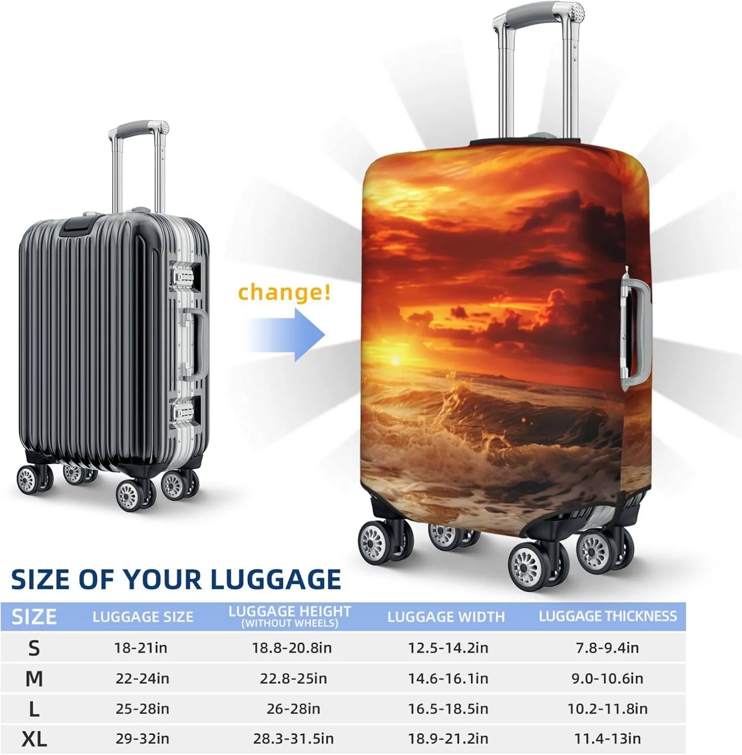 Beach Sunset Travel Luggage Suitcase COVER, Washable Suitcase COVERS Elastic, M - Fits 22-24 inch luggage (No Suitcase)