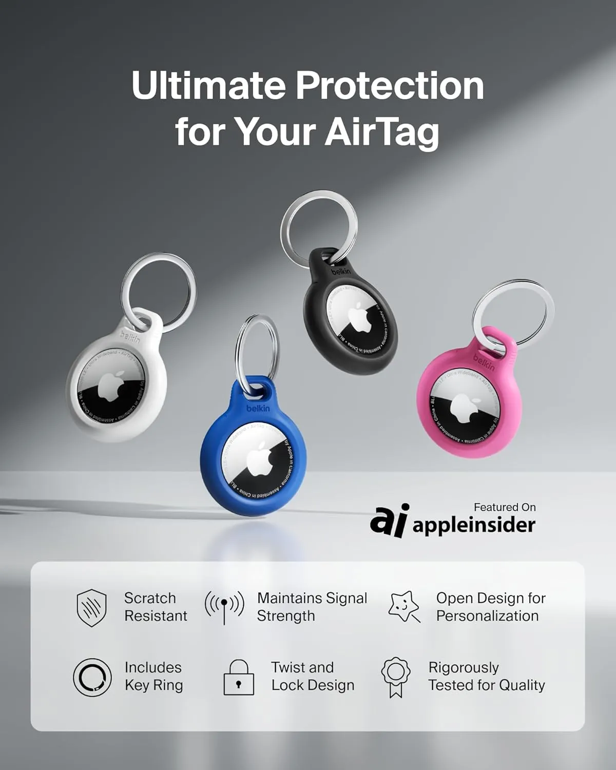 Belkin Apple AirTag Secure Holder with Key Ring - Durable Scratch Resistant Case With Open Face & Raised Edges - Protective AirTag Keychain Accessory For Keys, Pets, Luggage, Backpacks -2 Count Black