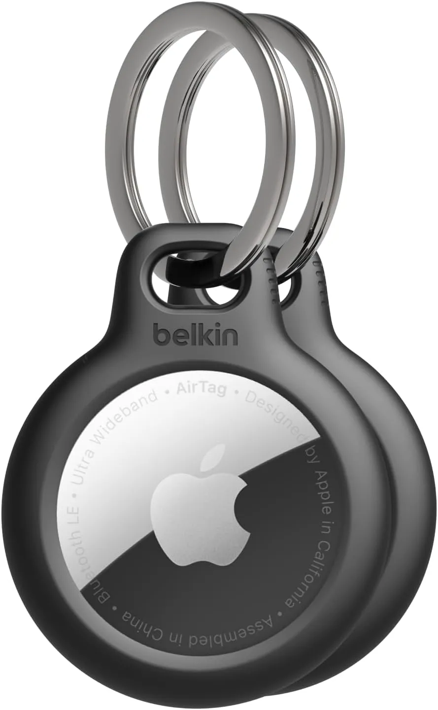 Belkin Apple AirTag Secure Holder with Key Ring - Durable Scratch Resistant Case With Open Face & Raised Edges - Protective AirTag Keychain Accessory For Keys, Pets, Luggage, Backpacks -2 Count Black