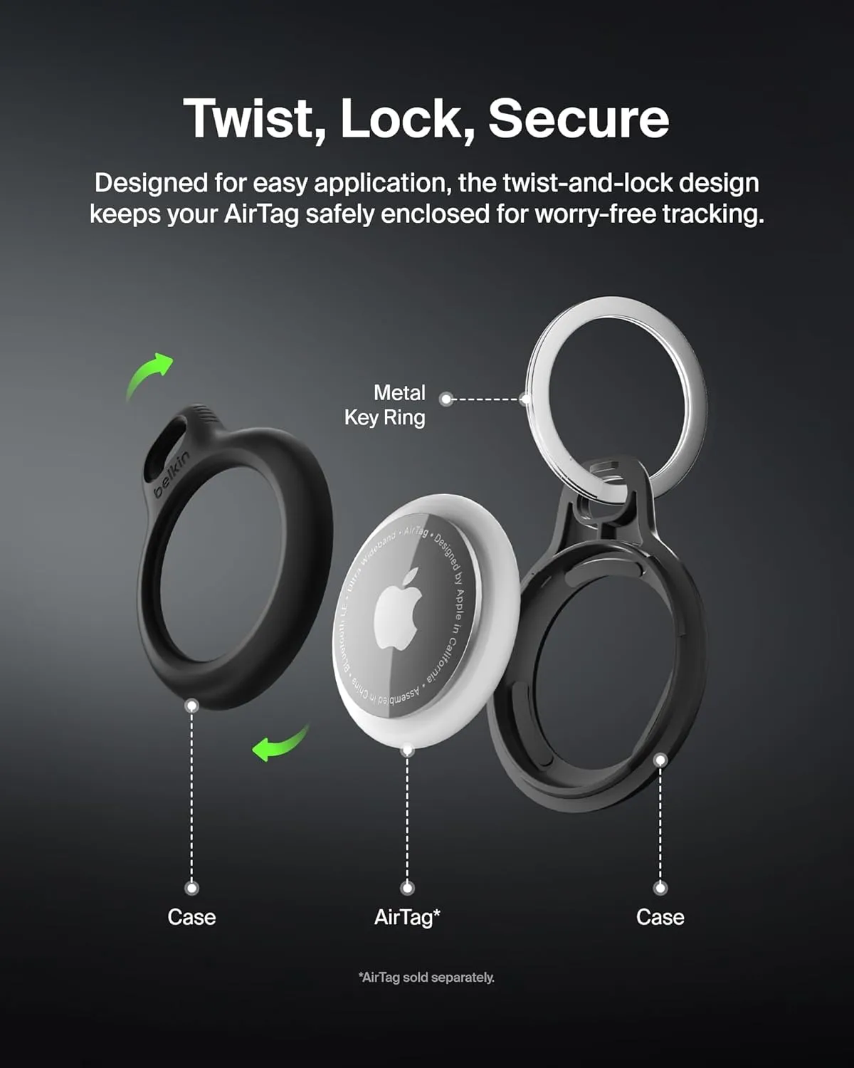 Belkin Apple AirTag Secure Holder with Key Ring - Durable Scratch Resistant Case With Open Face & Raised Edges - Protective AirTag Keychain Accessory For Keys, Pets, Luggage, Backpacks -2 Count Black