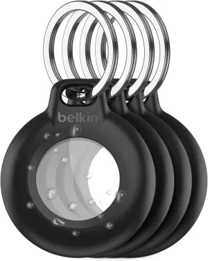Belkin Waterproof Apple AirTag Secure Holder with Key Ring - Durable Scratch-Resistant AirTag Case, Protective Keychain Accessory for Keys, Pets, Luggage, Backpacks, and More - Black (4-Pack)