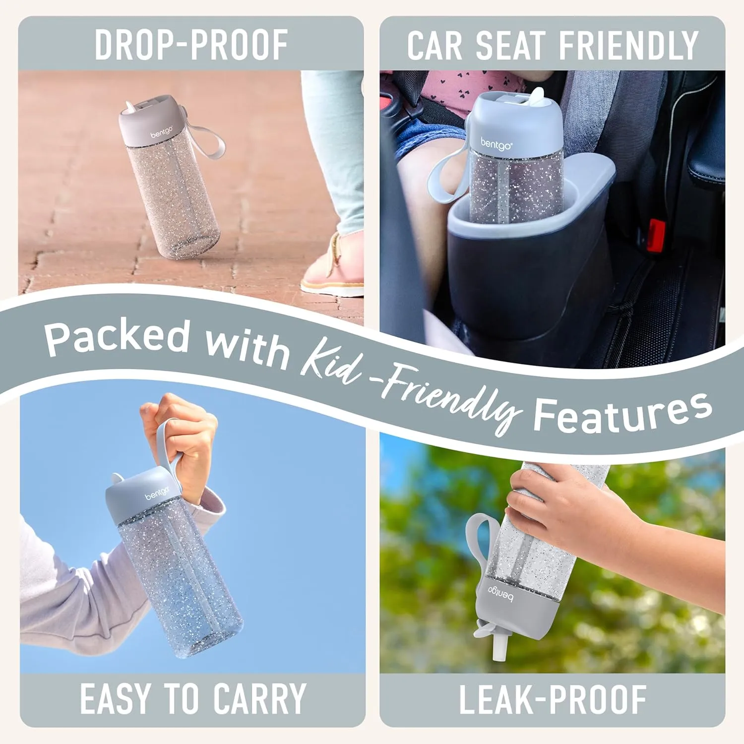 Bentgo Kids Water Bottle - Leak-Proof, Durable Tritan, BPA-Free 15 oz. Cup for Kids/Toddlers Ages 3 , Safe Sip Spout, Carrying Handle, & Dishwasher Safe for School (Glitter Edition - Silver)