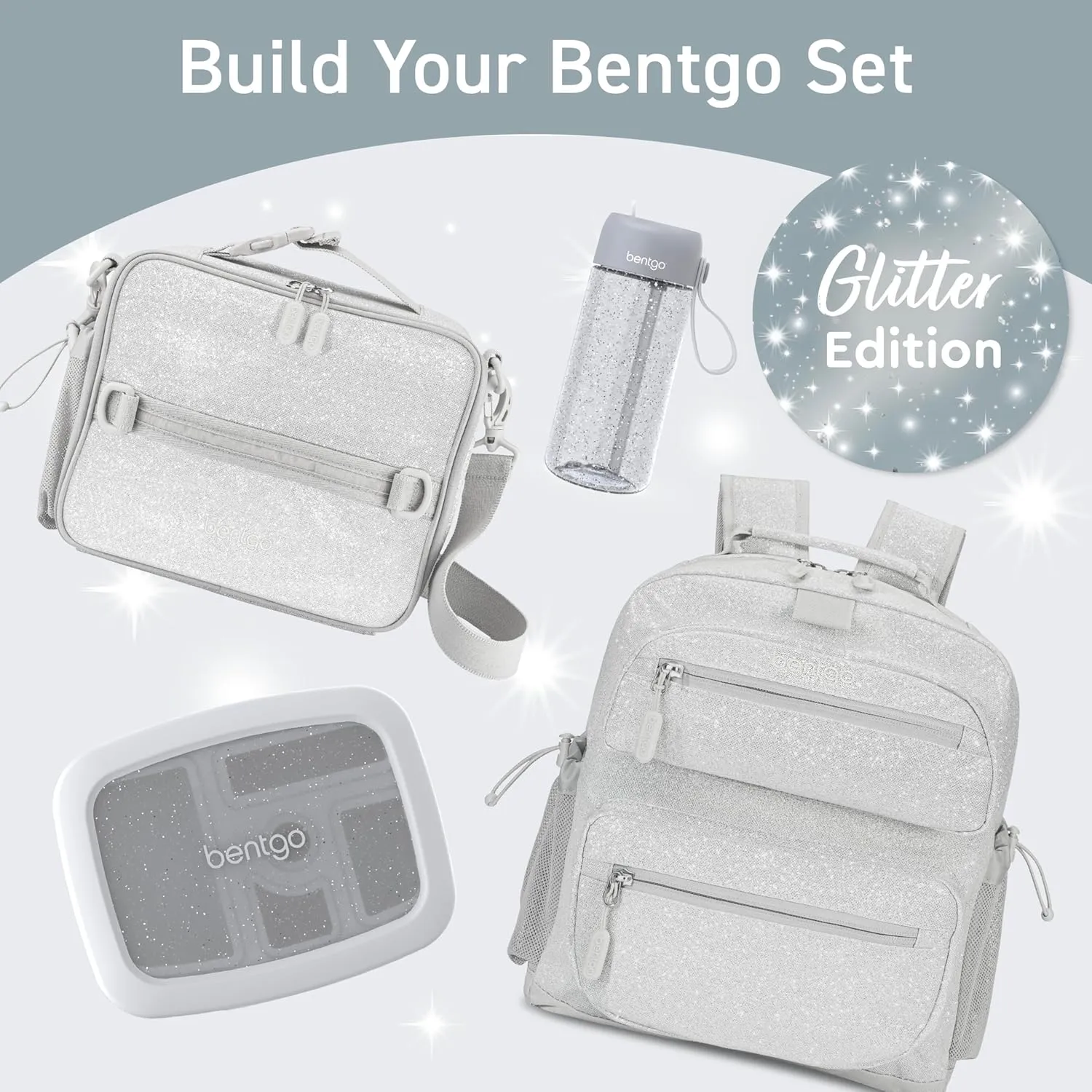 Bentgo Kids Water Bottle - Leak-Proof, Durable Tritan, BPA-Free 15 oz. Cup for Kids/Toddlers Ages 3 , Safe Sip Spout, Carrying Handle, & Dishwasher Safe for School (Glitter Edition - Silver)