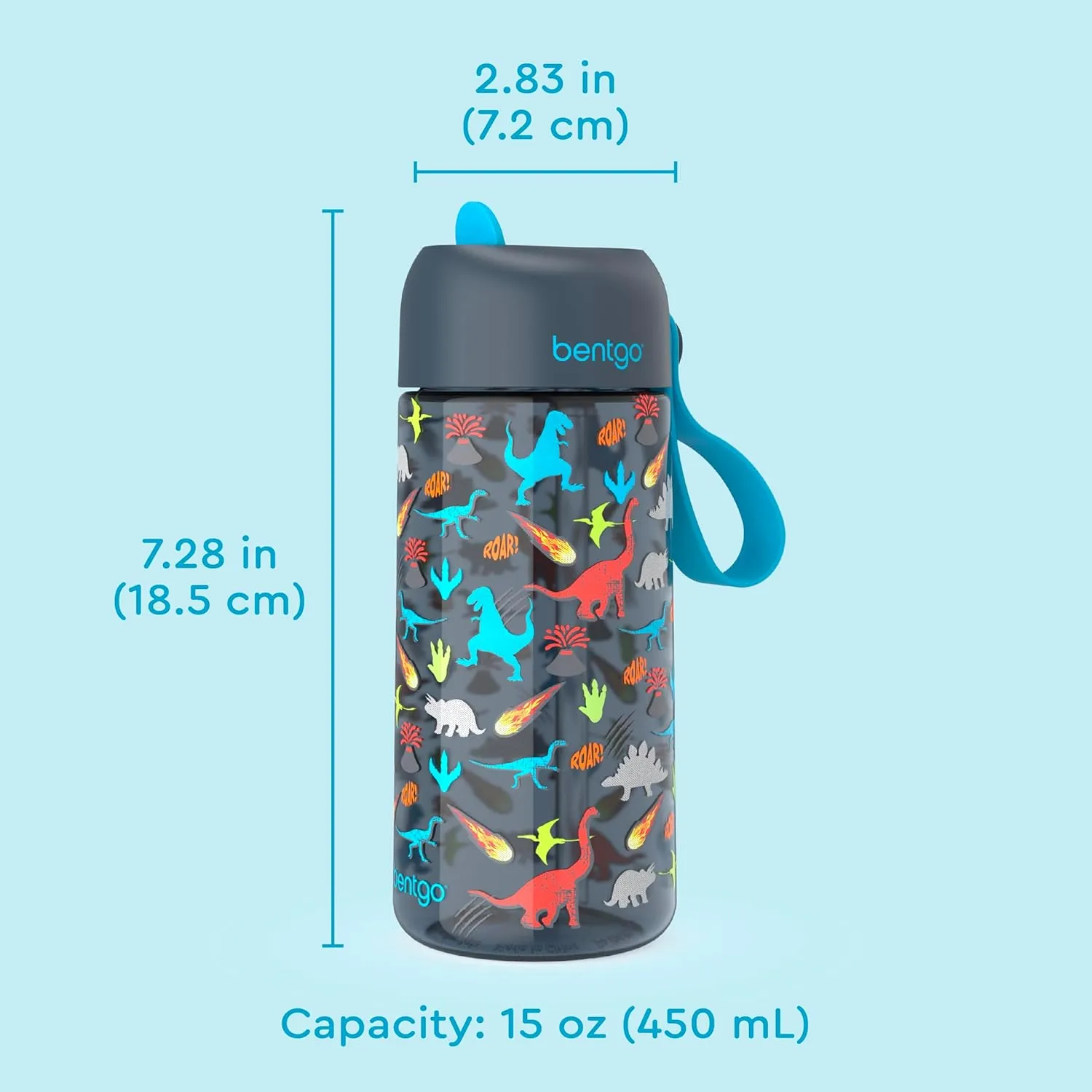 Bentgo Kids Water Bottle - Leak-Proof, Durable Tritan, BPA-Free 15 oz. Cup for Kids/Toddlers Ages 3 , Safe Sip Spout, Carrying Handle, & Dishwasher Safe for School, Sports, Daycare & Camp (Dinosaur)