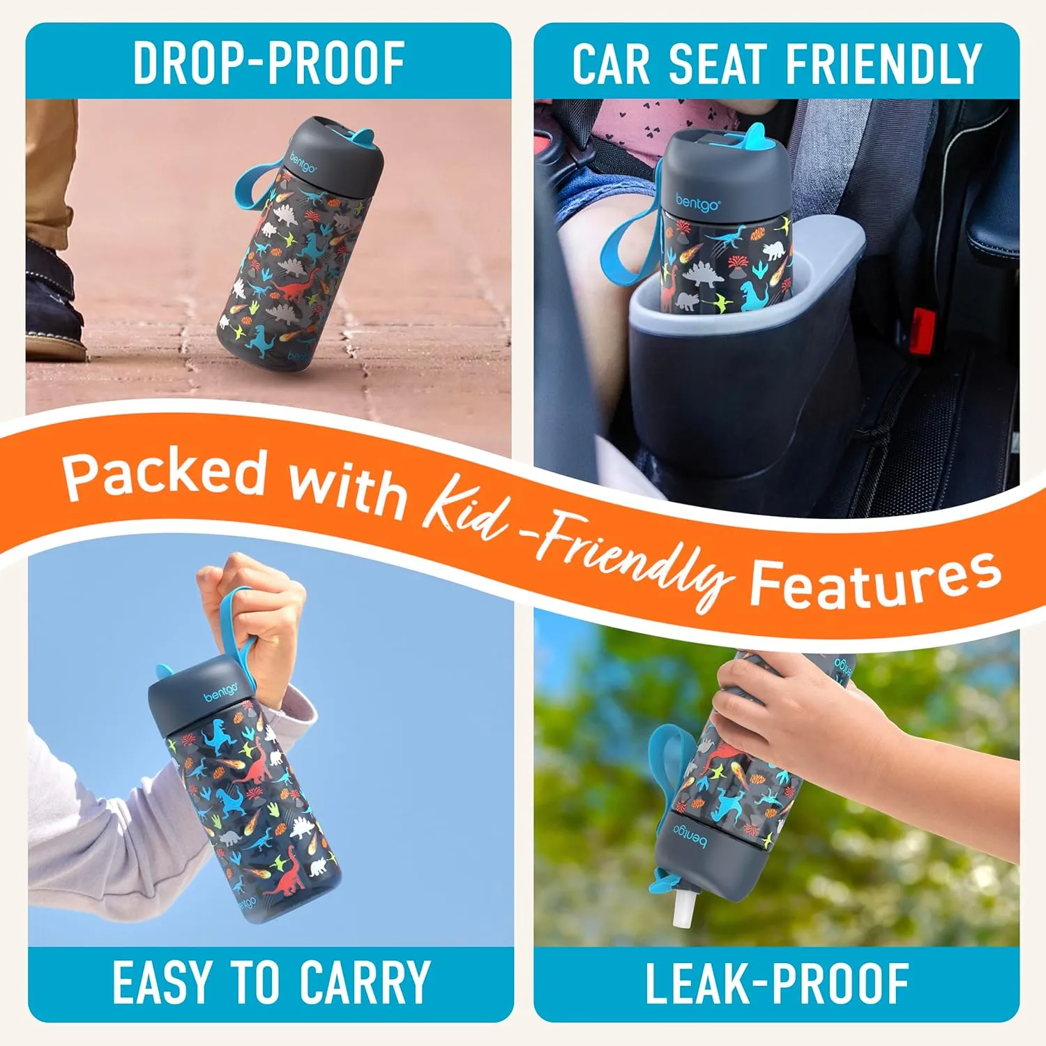Bentgo Kids Water Bottle - Leak-Proof, Durable Tritan, BPA-Free 15 oz. Cup for Kids/Toddlers Ages 3 , Safe Sip Spout, Carrying Handle, & Dishwasher Safe for School, Sports, Daycare & Camp (Dinosaur)