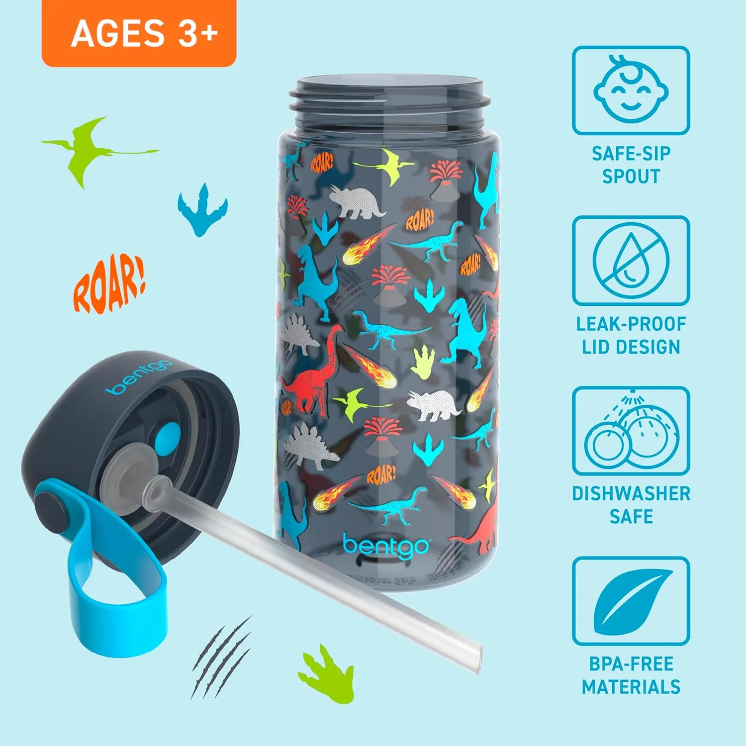 Bentgo Kids Water Bottle - Leak-Proof, Durable Tritan, BPA-Free 15 oz. Cup for Kids/Toddlers Ages 3 , Safe Sip Spout, Carrying Handle, & Dishwasher Safe for School, Sports, Daycare & Camp (Dinosaur)