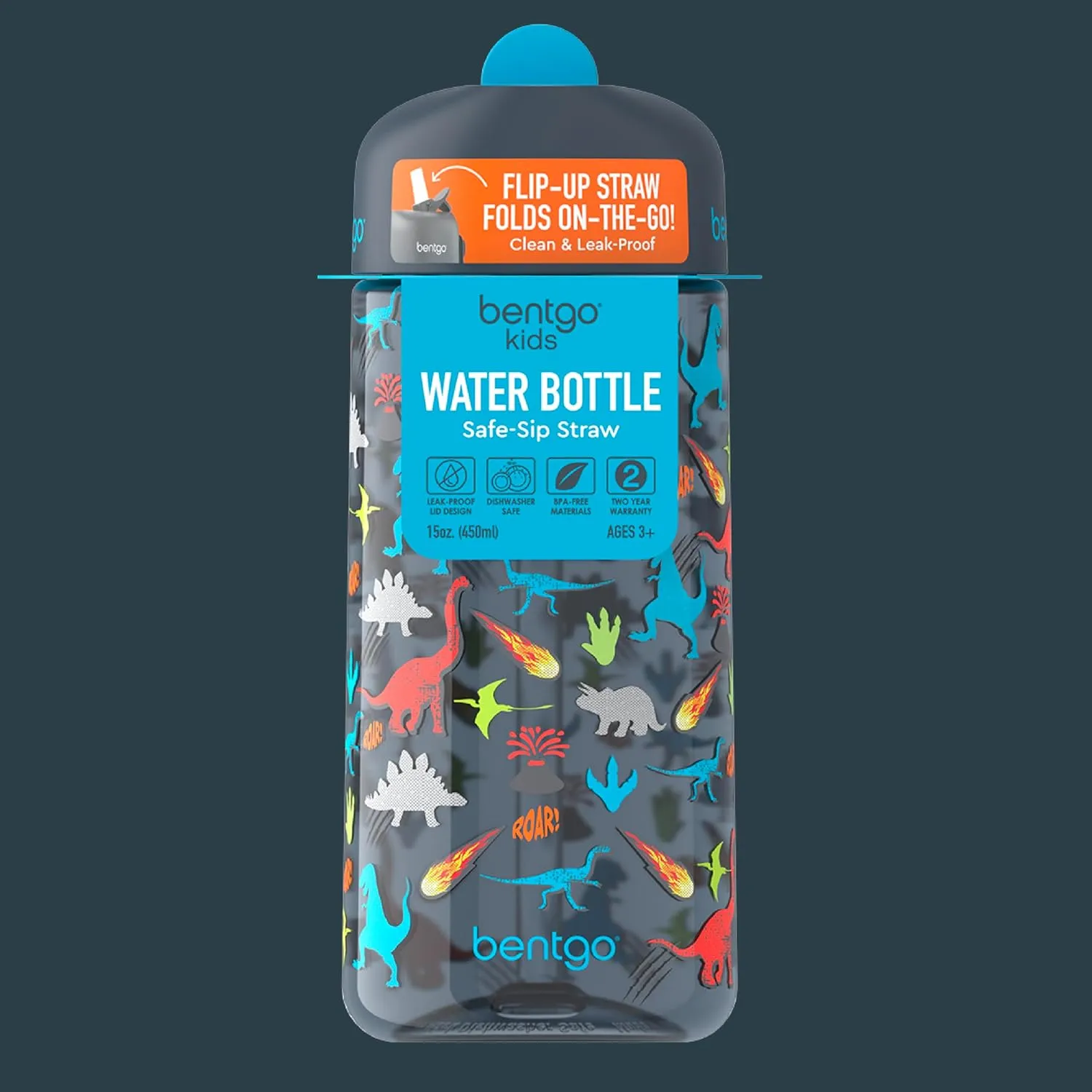 Bentgo Kids Water Bottle - Leak-Proof, Durable Tritan, BPA-Free 15 oz. Cup for Kids/Toddlers Ages 3 , Safe Sip Spout, Carrying Handle, & Dishwasher Safe for School, Sports, Daycare & Camp (Dinosaur)