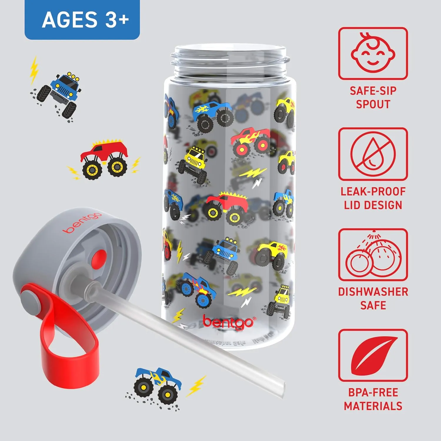 Bentgo Kids Water Bottle - Leak-Proof, Durable Tritan, BPA-Free 15 oz. Cup for Kids/Toddlers Ages 3 , Safe Sip Spout, Carrying Handle, & Dishwasher Safe for School, Sports, Daycare & Camp (Trucks)