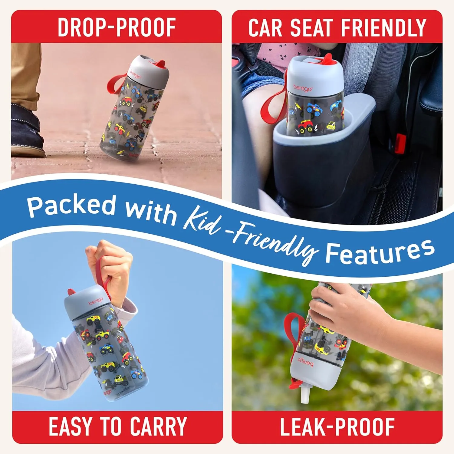 Bentgo Kids Water Bottle - Leak-Proof, Durable Tritan, BPA-Free 15 oz. Cup for Kids/Toddlers Ages 3 , Safe Sip Spout, Carrying Handle, & Dishwasher Safe for School, Sports, Daycare & Camp (Trucks)
