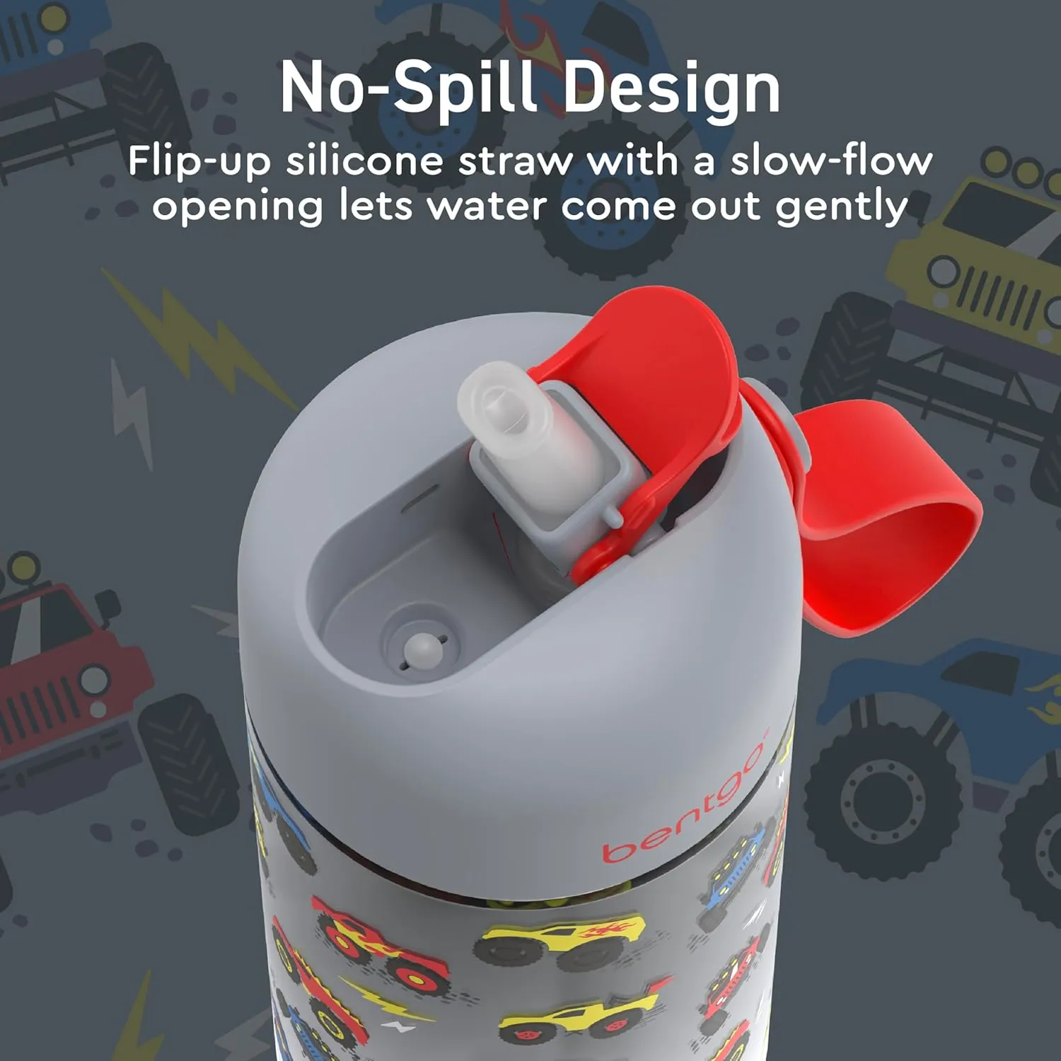 Bentgo Kids Water Bottle - Leak-Proof, Durable Tritan, BPA-Free 15 oz. Cup for Kids/Toddlers Ages 3 , Safe Sip Spout, Carrying Handle, & Dishwasher Safe for School, Sports, Daycare & Camp (Trucks)