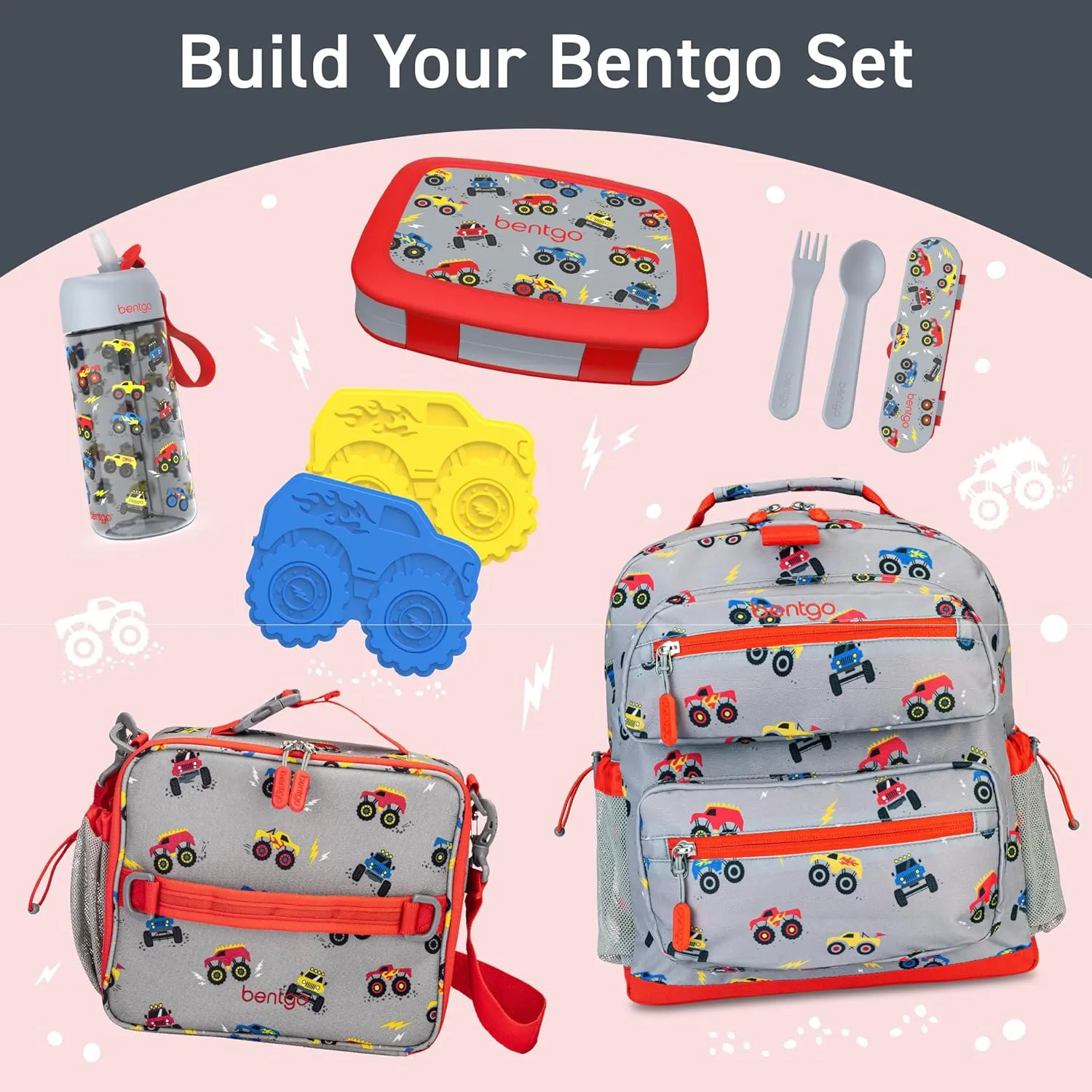 Bentgo Kids Water Bottle - Leak-Proof, Durable Tritan, BPA-Free 15 oz. Cup for Kids/Toddlers Ages 3 , Safe Sip Spout, Carrying Handle, & Dishwasher Safe for School, Sports, Daycare & Camp (Trucks)