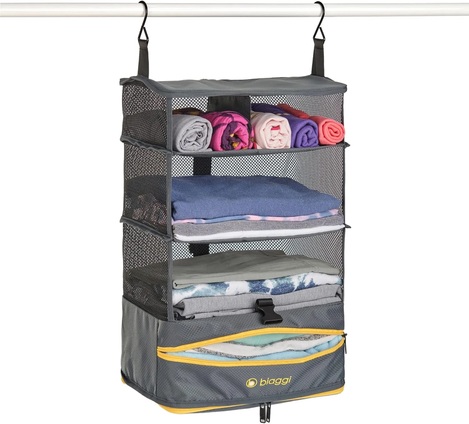 biaggi Hangmates 3-Tiered ZipCube - Hanging Shelf Cube with Packing Compartments for Travel Organization - Lightweight and Durable - Dimensions 19” x 12” x 9” Opened - MEDIUM