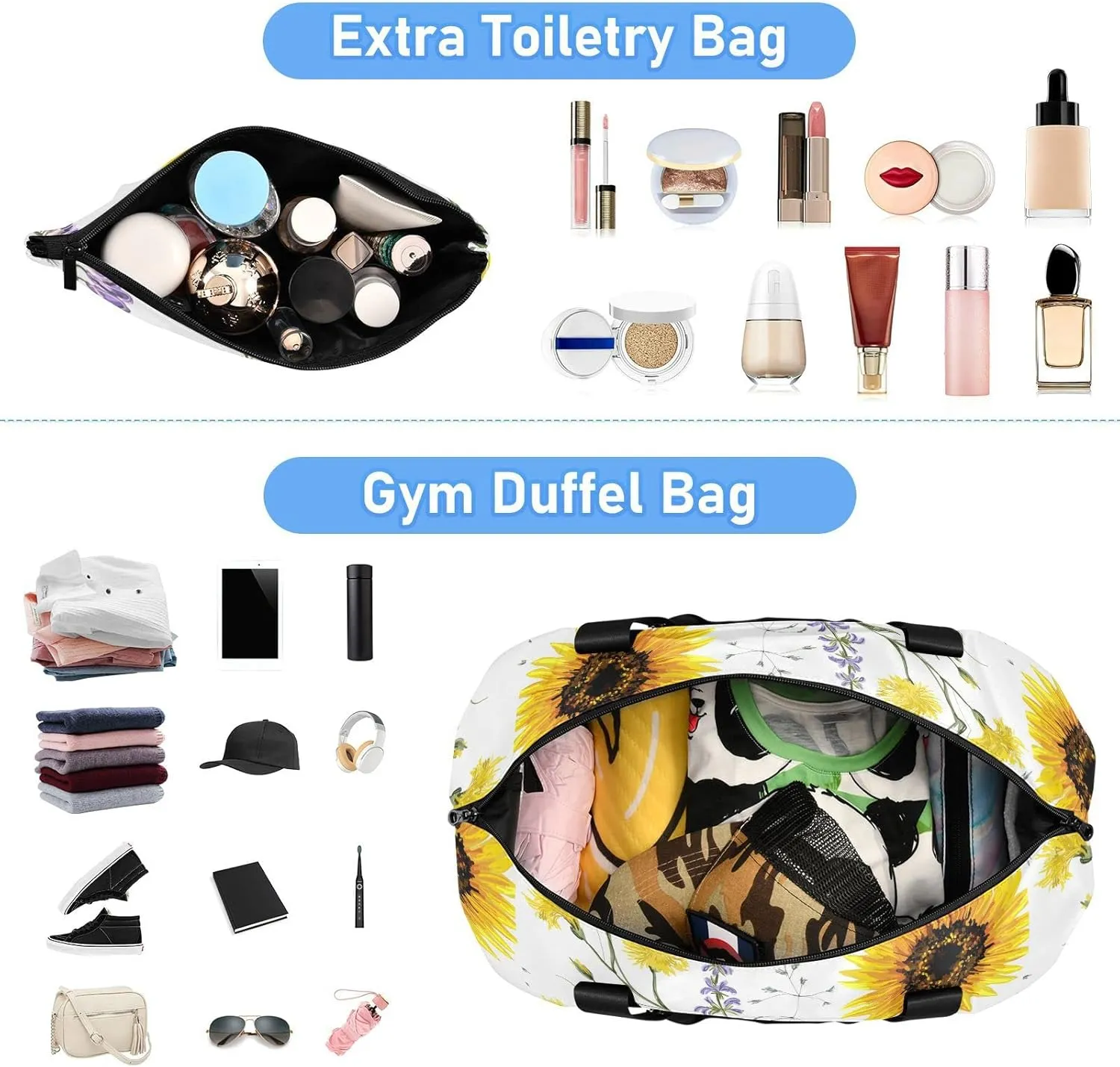 Big Yellow Sun Flowers Summer Purple Yellow Wildflowers on White Foldable Travel Bag, Camping Luggage bag, Portable Gym Bag, Sports Bag, Toiletry Bag with Handles Adjustable Shoulder Strap