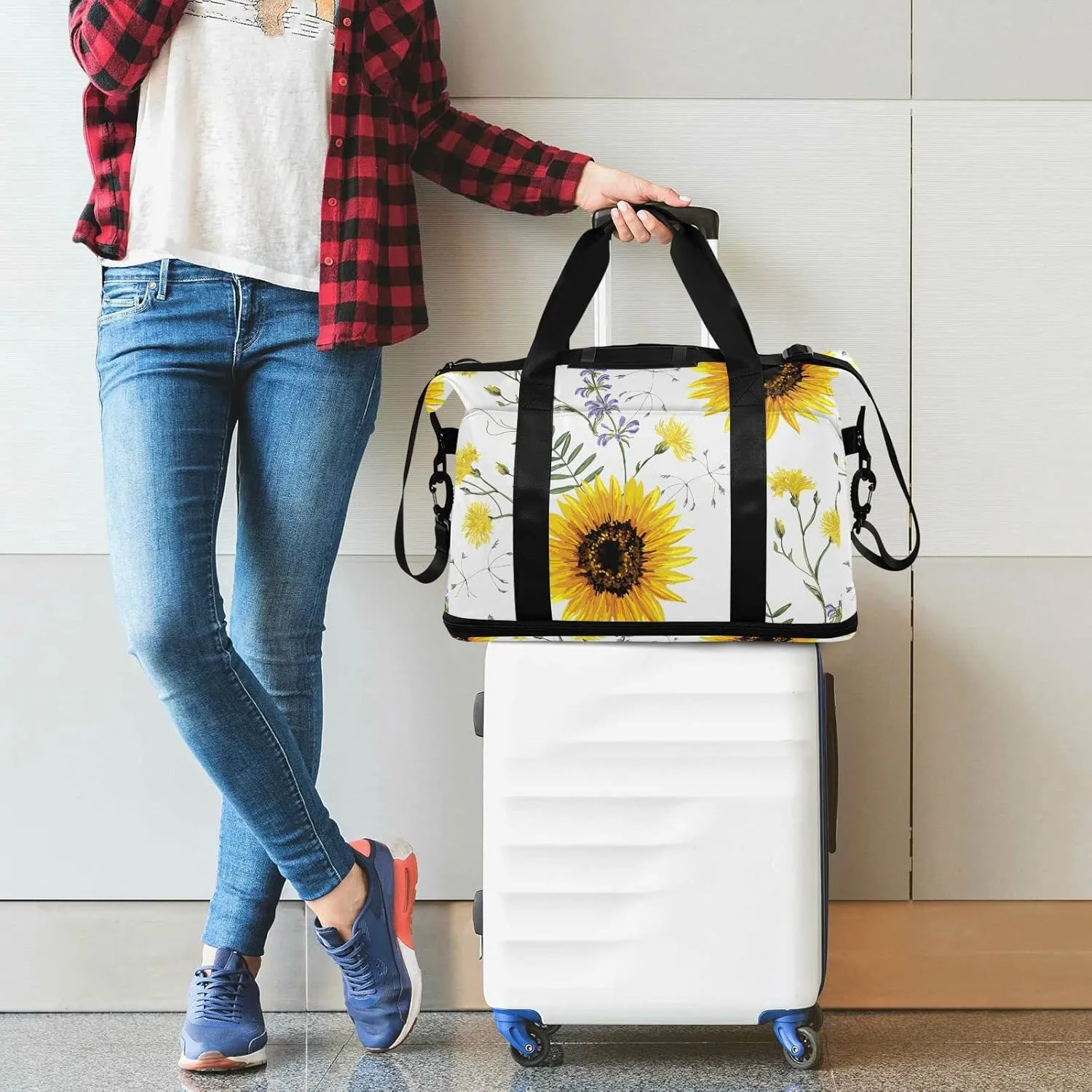 Big Yellow Sun Flowers Summer Purple Yellow Wildflowers on White Foldable Travel Bag, Camping Luggage bag, Portable Gym Bag, Sports Bag, Toiletry Bag with Handles Adjustable Shoulder Strap