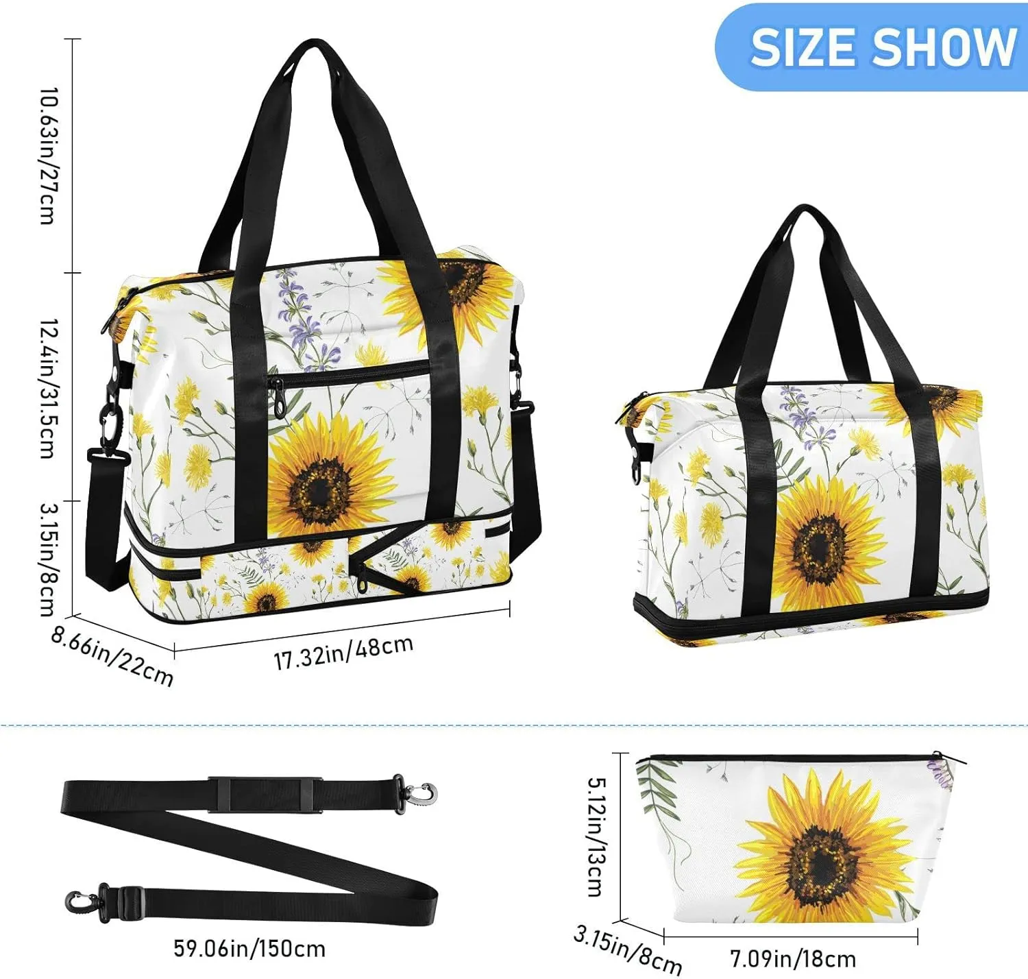 Big Yellow Sun Flowers Summer Purple Yellow Wildflowers on White Foldable Travel Bag, Camping Luggage bag, Portable Gym Bag, Sports Bag, Toiletry Bag with Handles Adjustable Shoulder Strap