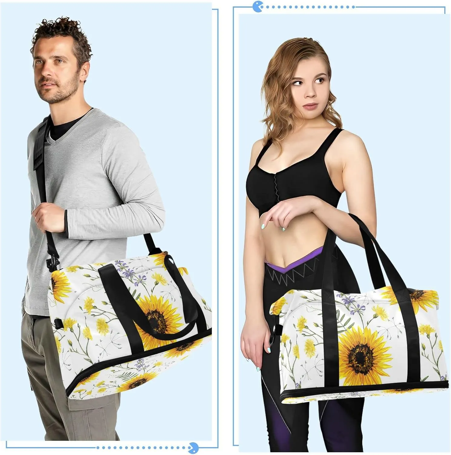 Big Yellow Sun Flowers Summer Purple Yellow Wildflowers on White Foldable Travel Bag, Camping Luggage bag, Portable Gym Bag, Sports Bag, Toiletry Bag with Handles Adjustable Shoulder Strap