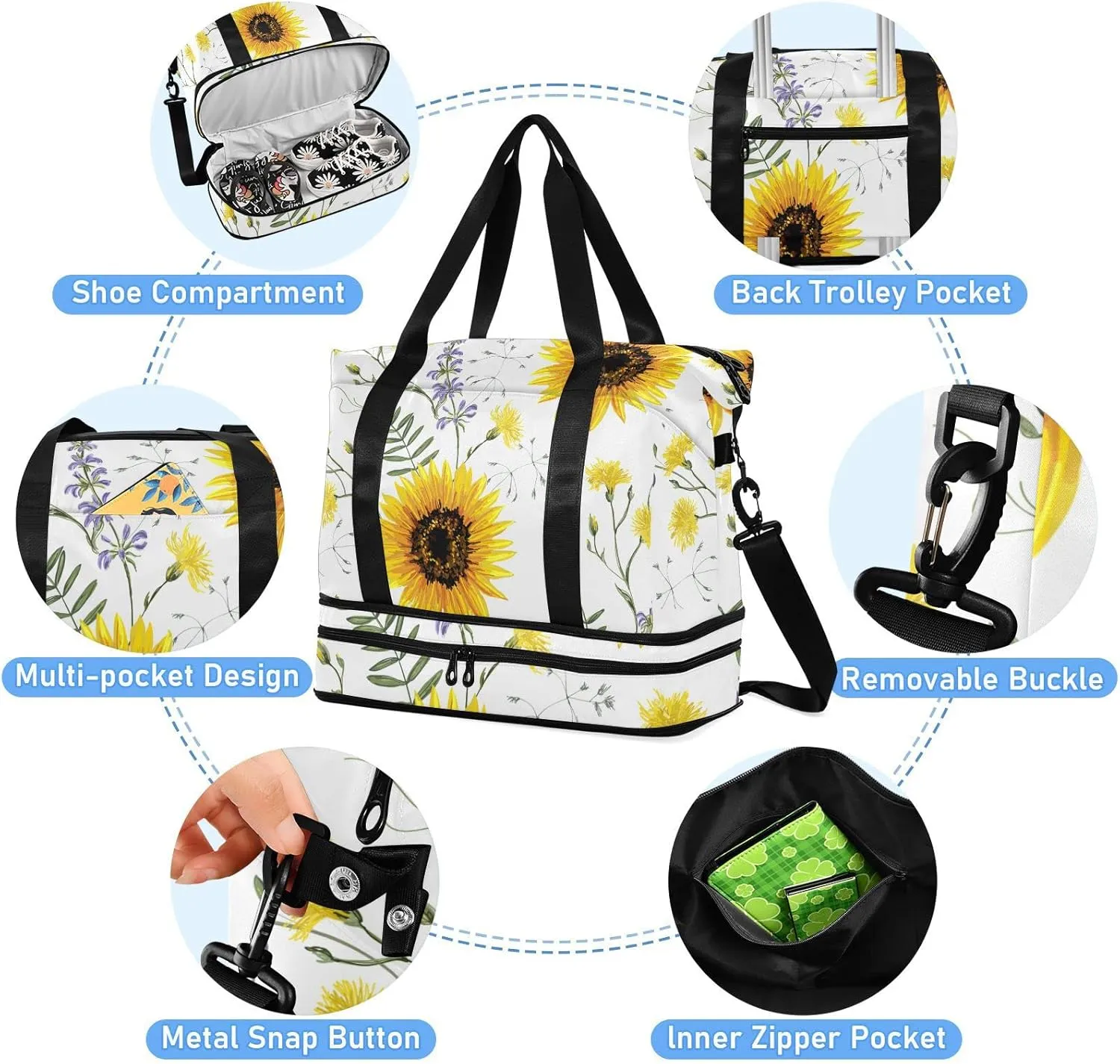 Big Yellow Sun Flowers Summer Purple Yellow Wildflowers on White Foldable Travel Bag, Camping Luggage bag, Portable Gym Bag, Sports Bag, Toiletry Bag with Handles Adjustable Shoulder Strap