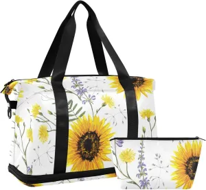 Big Yellow Sun Flowers Summer Purple Yellow Wildflowers on White Foldable Travel Bag, Camping Luggage bag, Portable Gym Bag, Sports Bag, Toiletry Bag with Handles Adjustable Shoulder Strap