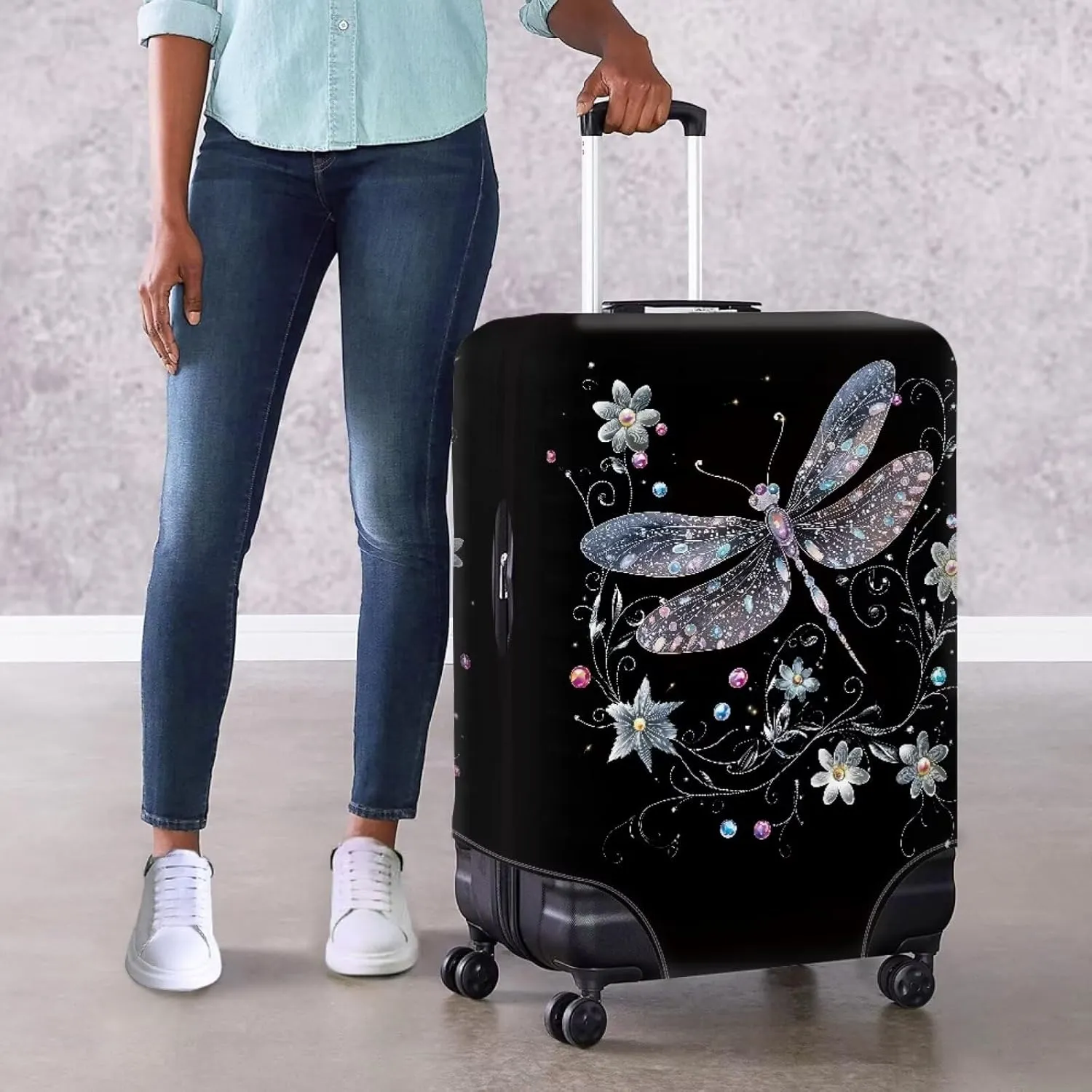 Bigcardesigns Black Dragonfly Luggage Cover Travel Suitcase Cover Womens Girls Elastic Travel Luggage Protector Baggage Dust Cover Replacement