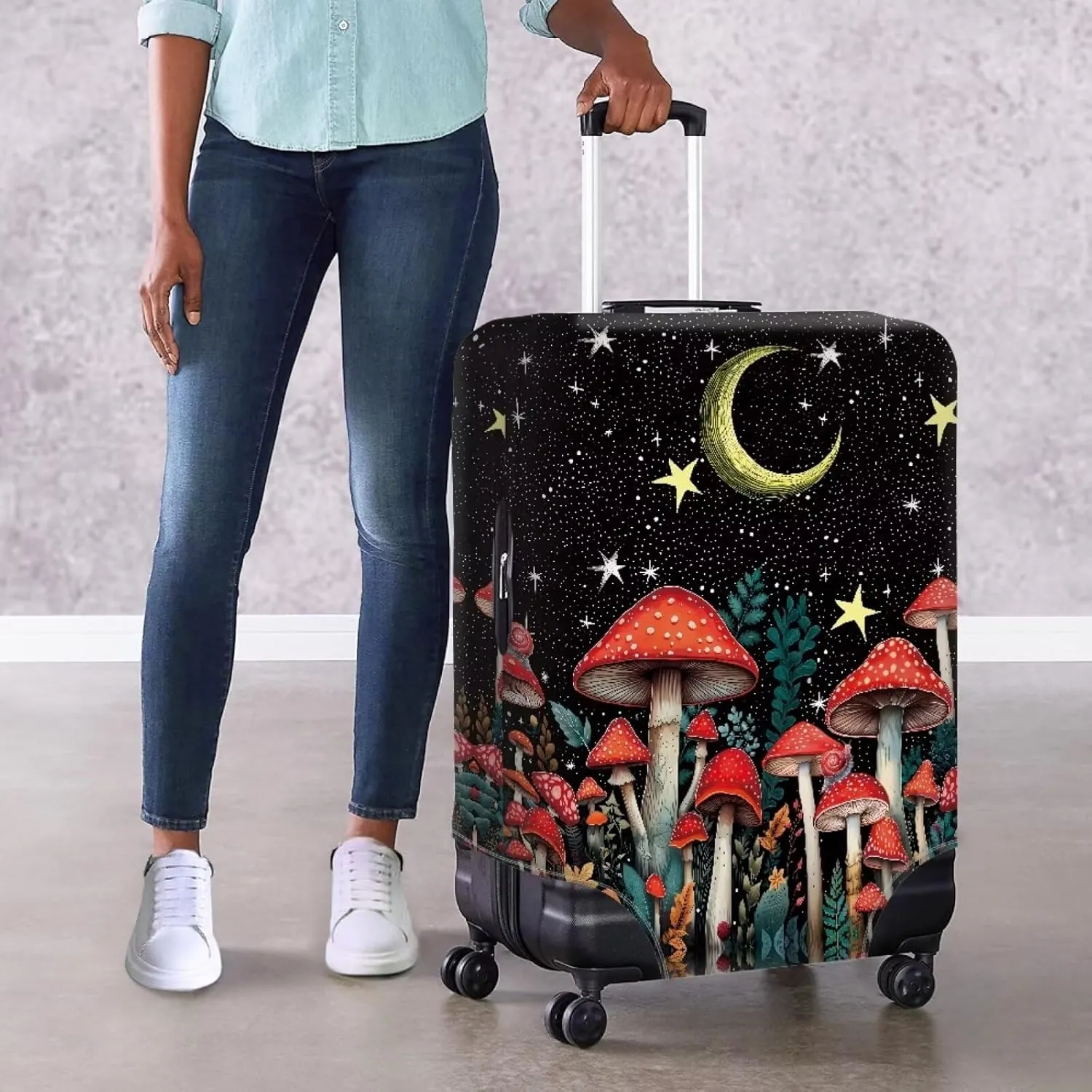 Bigcardesigns Mushroom Luggage Cover for Travel Fit 22-25 Inch,Cute Mushroom Star Print Suitcase Protector Washable Elastic Baggage Covers Stretch Luggage Case Mushroom Gifts for Woman