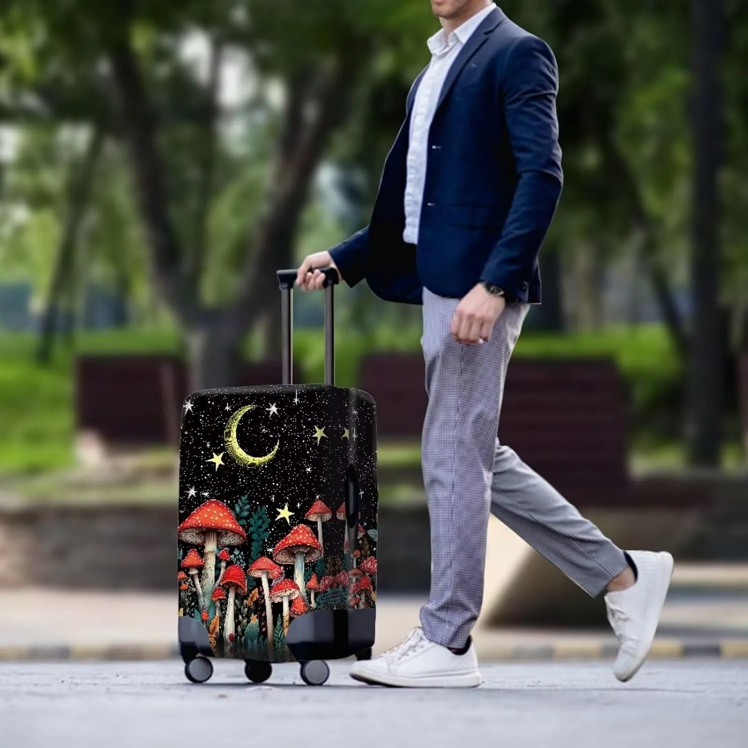 Bigcardesigns Mushroom Luggage Cover for Travel Fit 22-25 Inch,Cute Mushroom Star Print Suitcase Protector Washable Elastic Baggage Covers Stretch Luggage Case Mushroom Gifts for Woman
