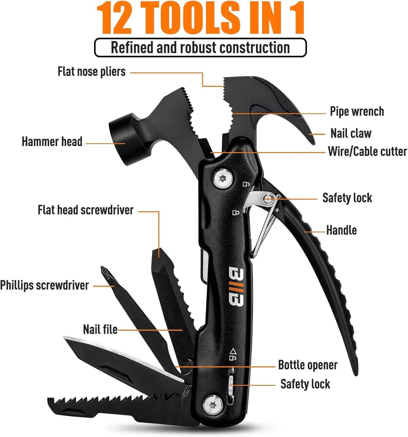 BIIB Fathers Day Mens Gifts for Dad Husband, 12 in 1 Hammer Multitool, Father's Day Gifts from Daughter Wife, Dad Gifts for Men Grandpa, Birthday Graduation Gifts for Men, Camping Essentials Survival