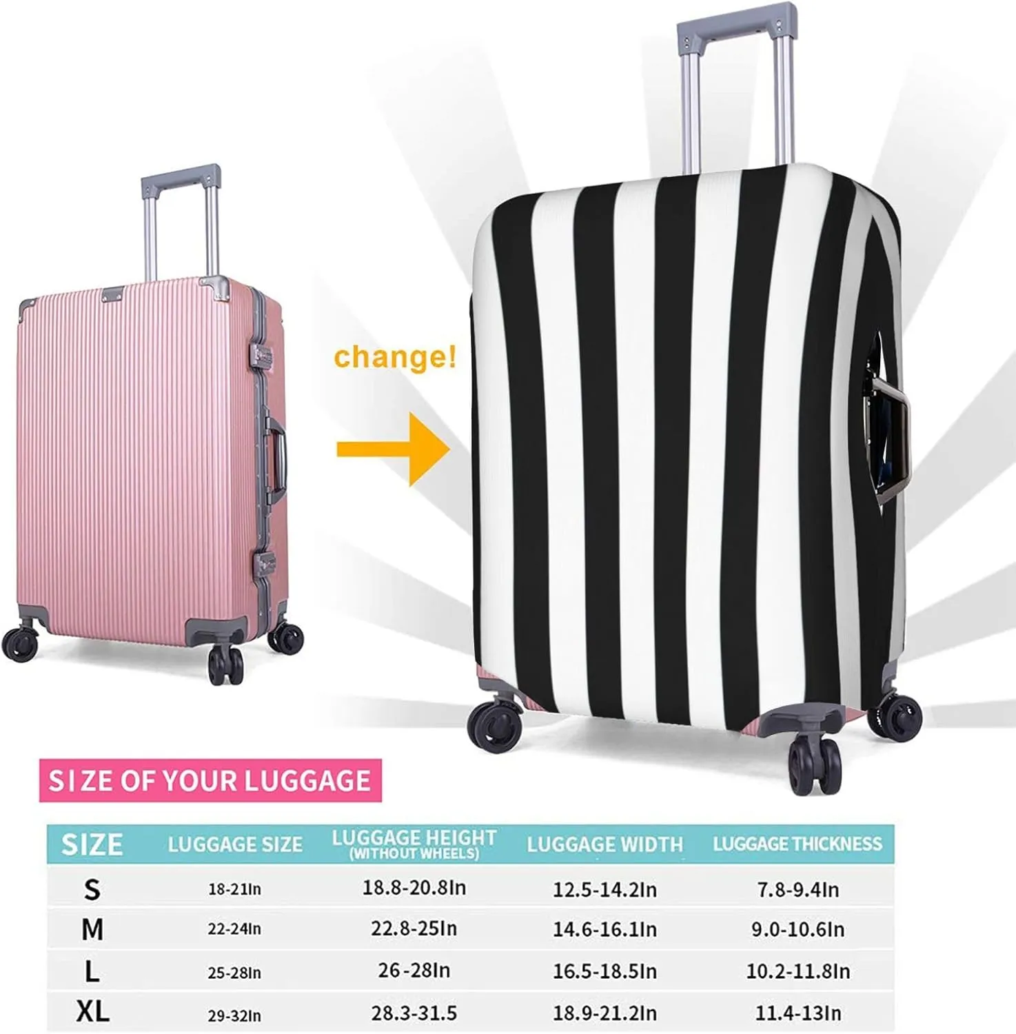 Black & White Stripe Suitcase Covers, Luggage Protectors Fits Four Sizes Suitcase For Travel