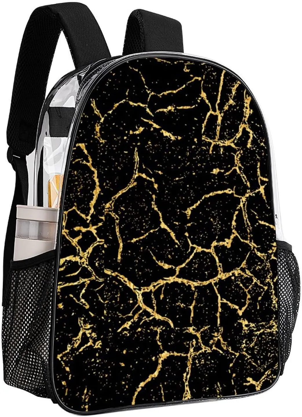 Black And Gold Marble Texture Transparent Fashion Waterproof PVC Transparent Backpack Unisex 17 Inches